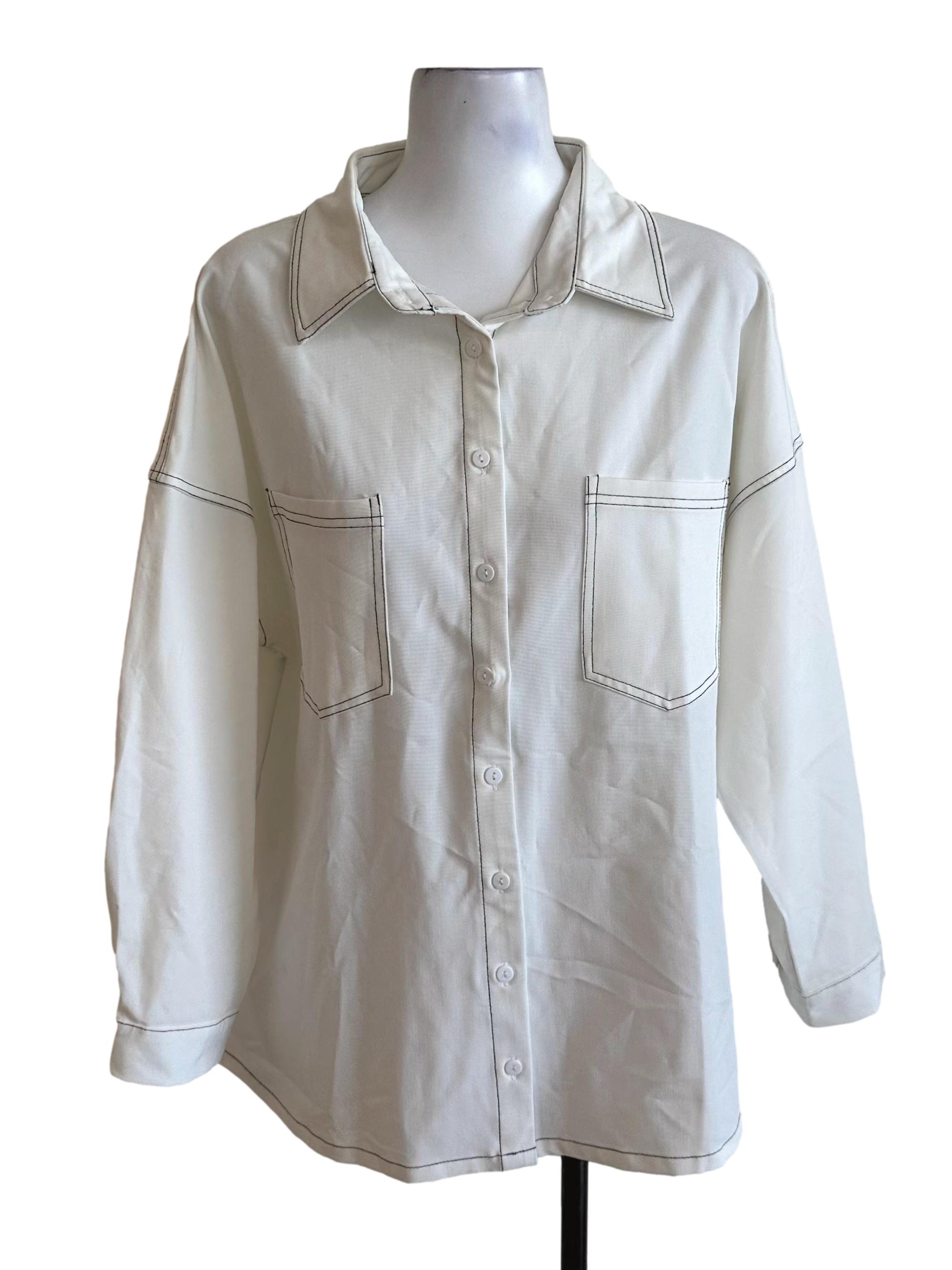 Off White Collar Button Long Sleeve Top TTR