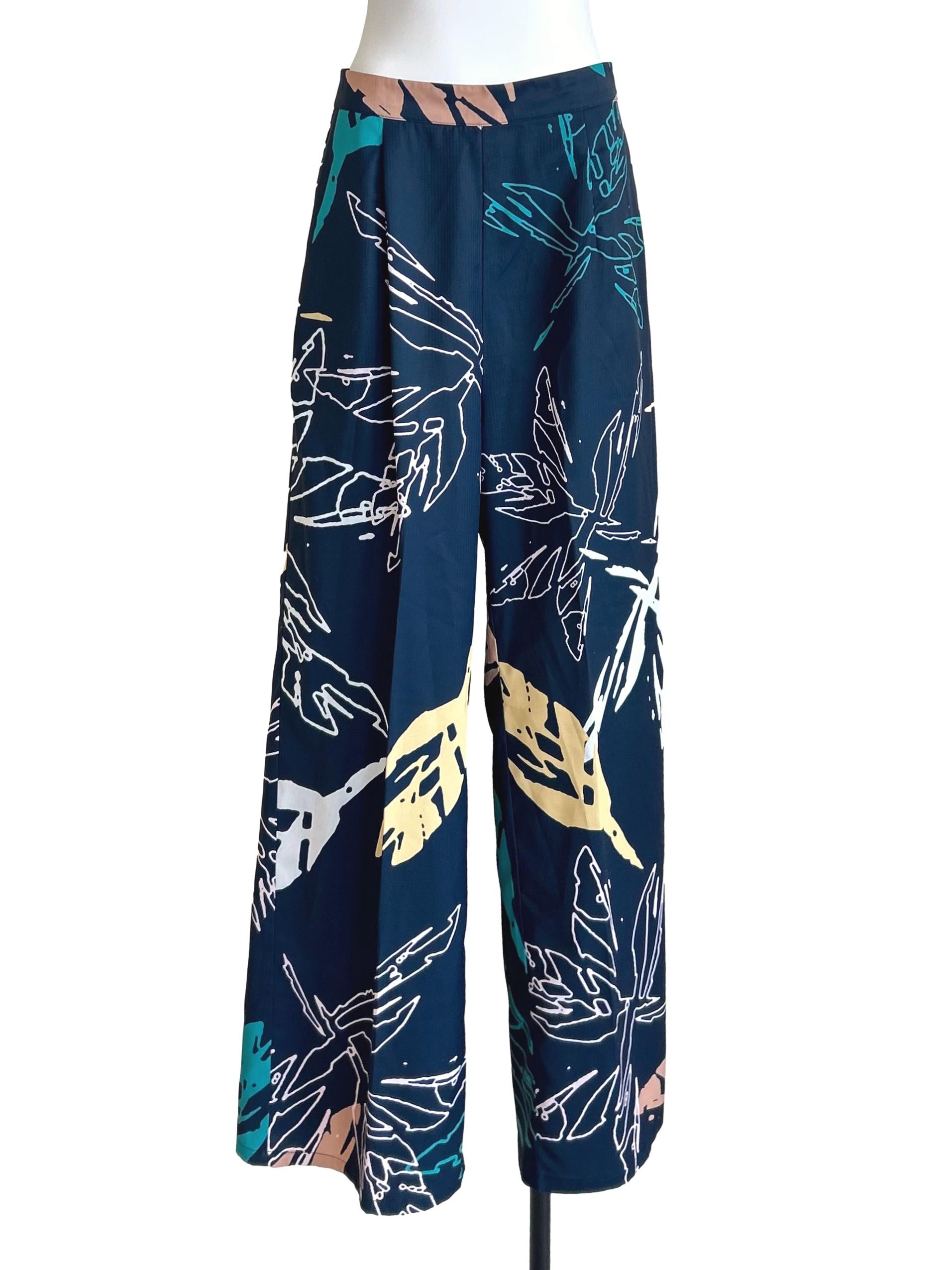 Navy Blue Tropical Print Wide-Leg Trousers LB