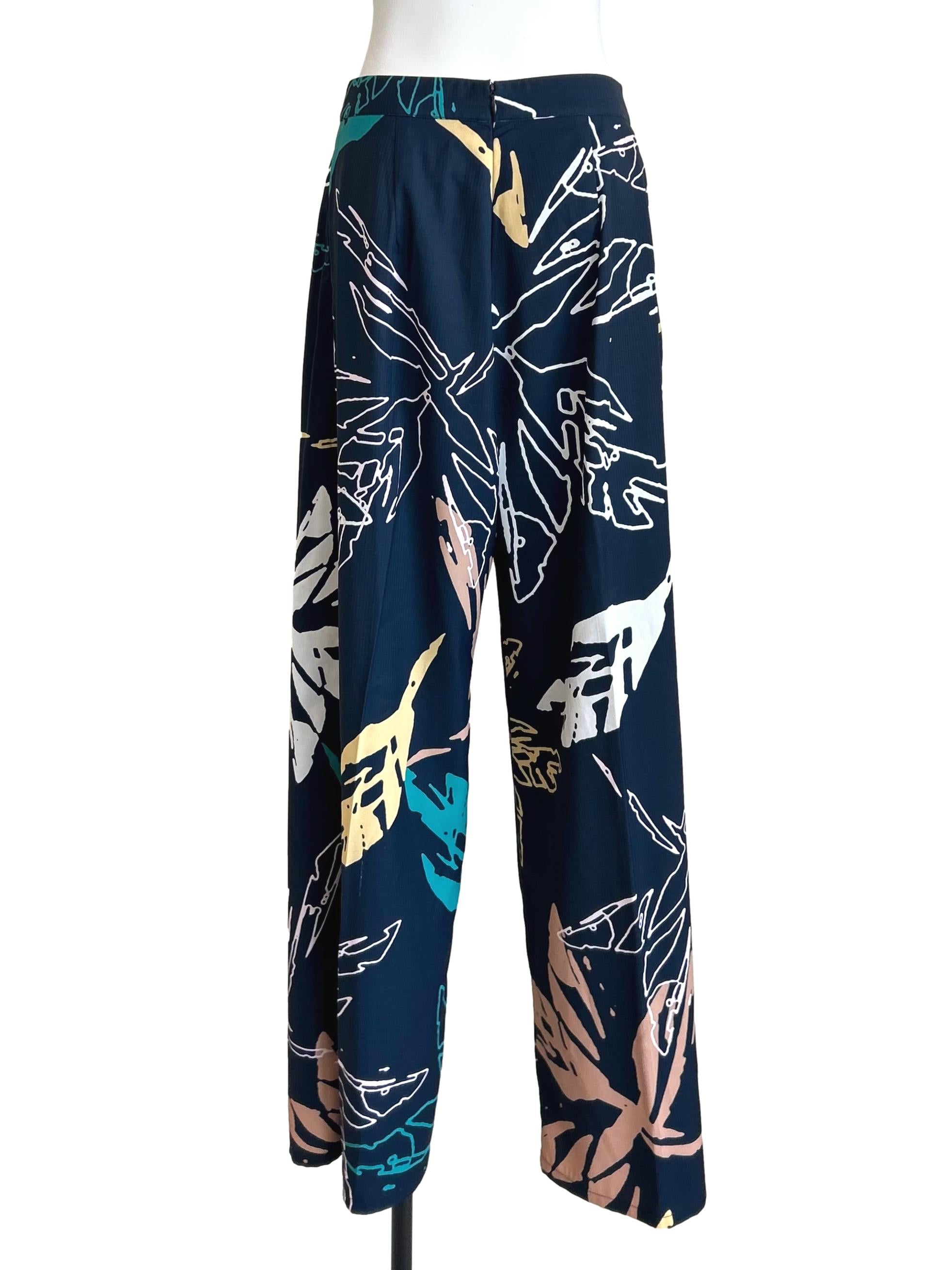 Navy Blue Tropical Print Wide-Leg Trousers LB