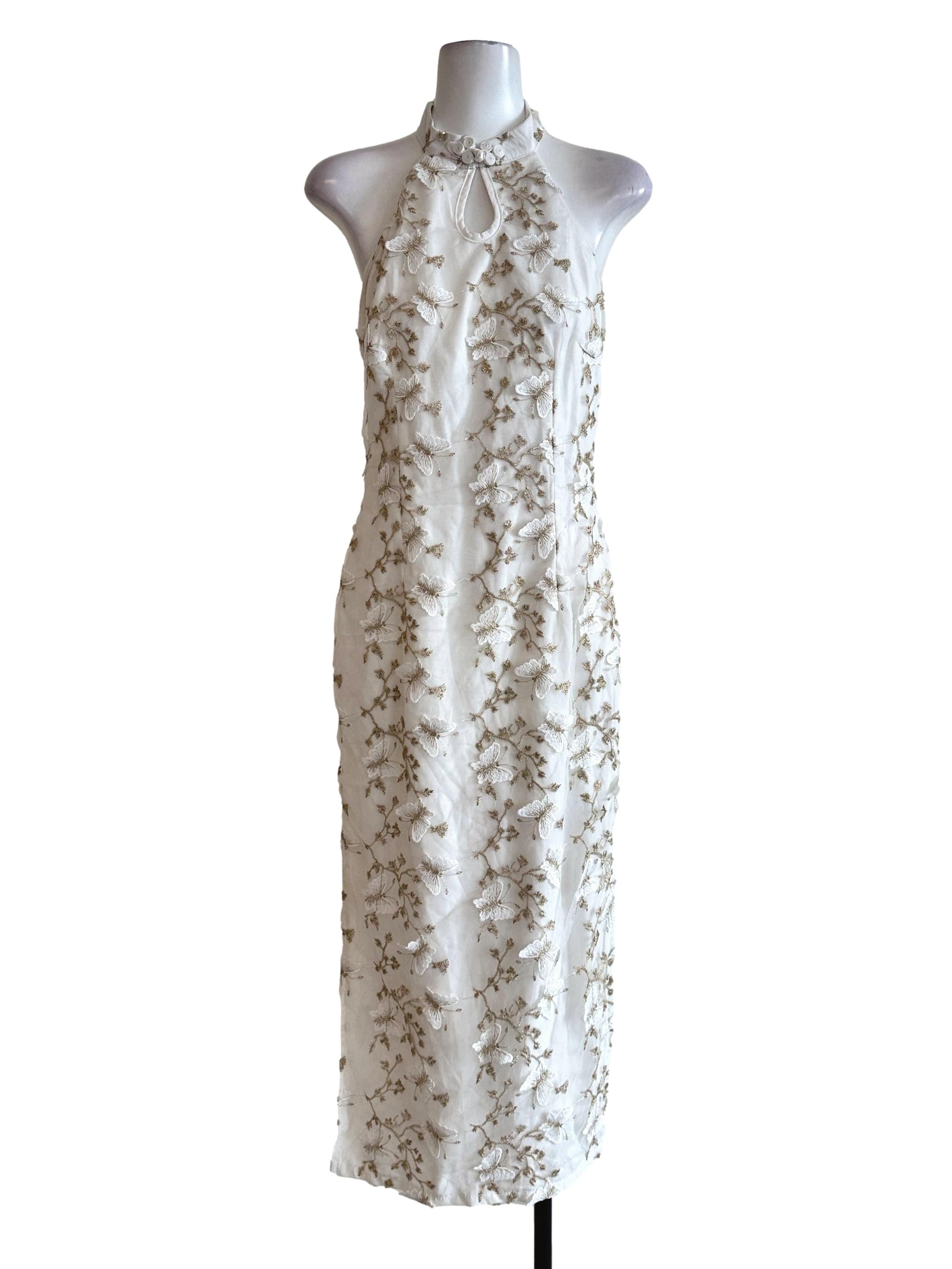 Porcelain White Flower Embroidered Halter Cheongsam Dress