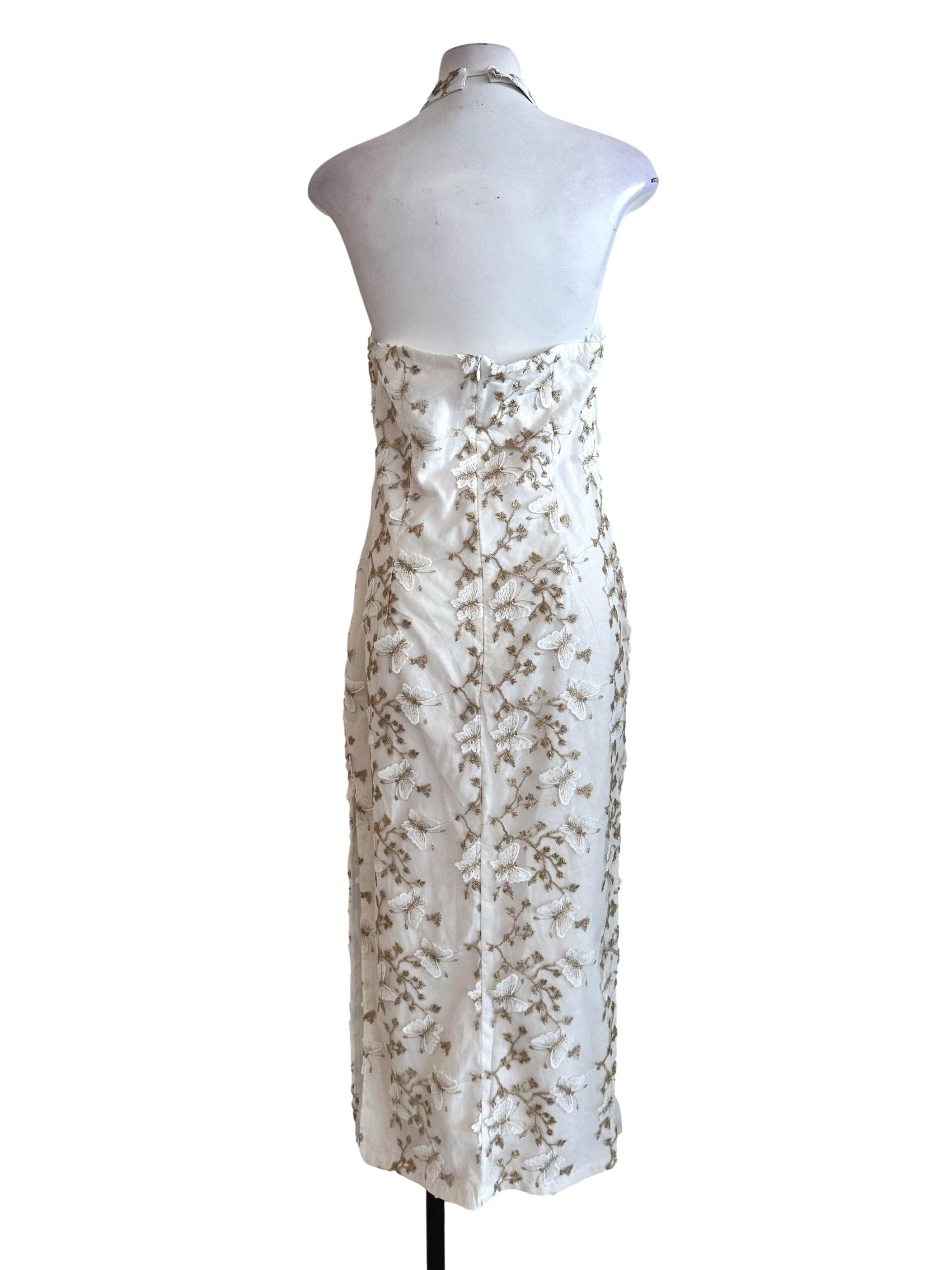 Porcelain White Flower Embroidered Halter Cheongsam Dress