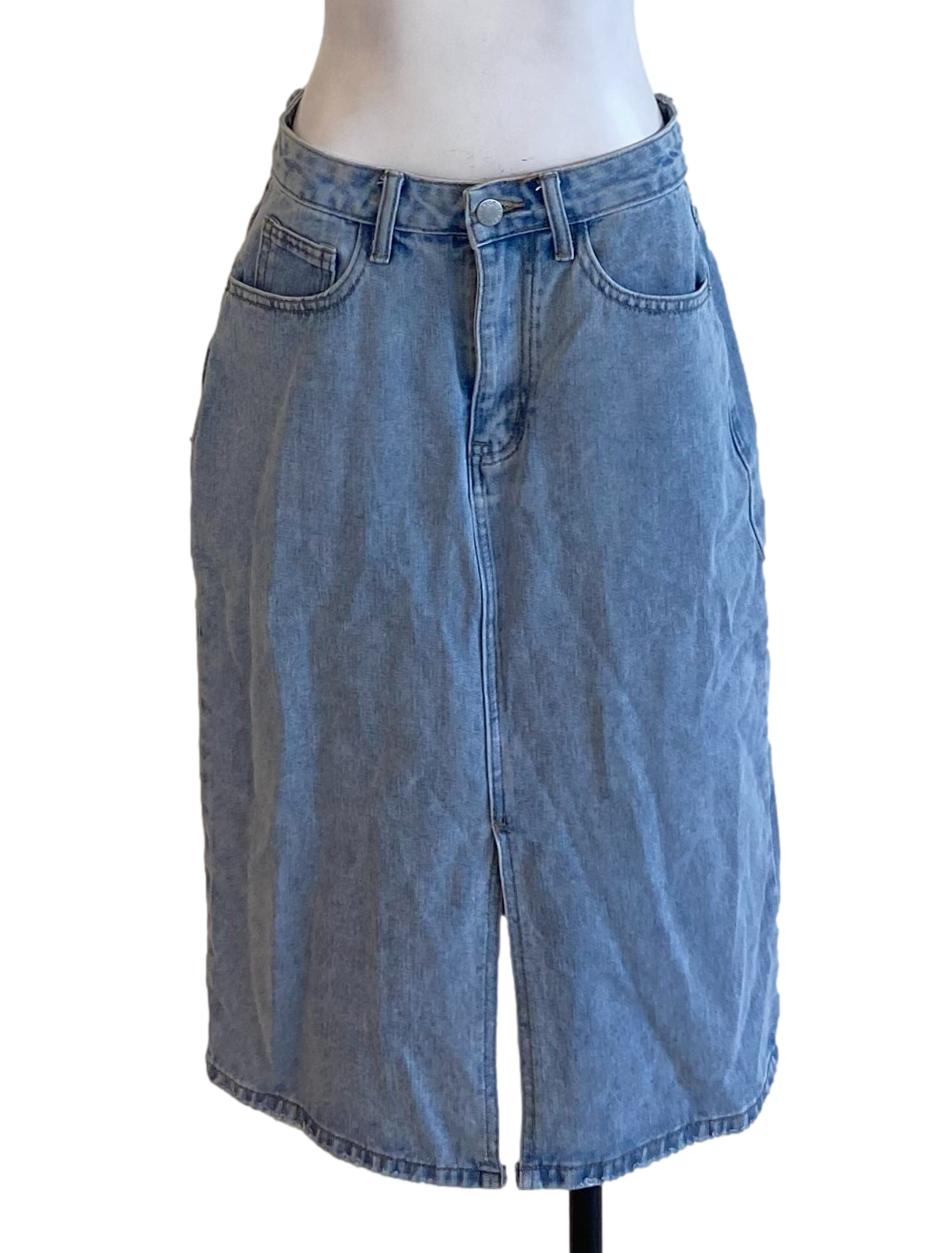 Light Denim Blue Buttoned Waist Slit Tube Denim Skirt