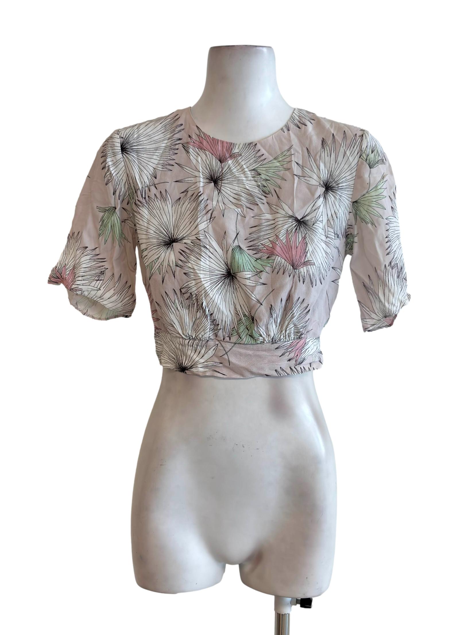 Pale Pink Floral Tie Back Cropped Top