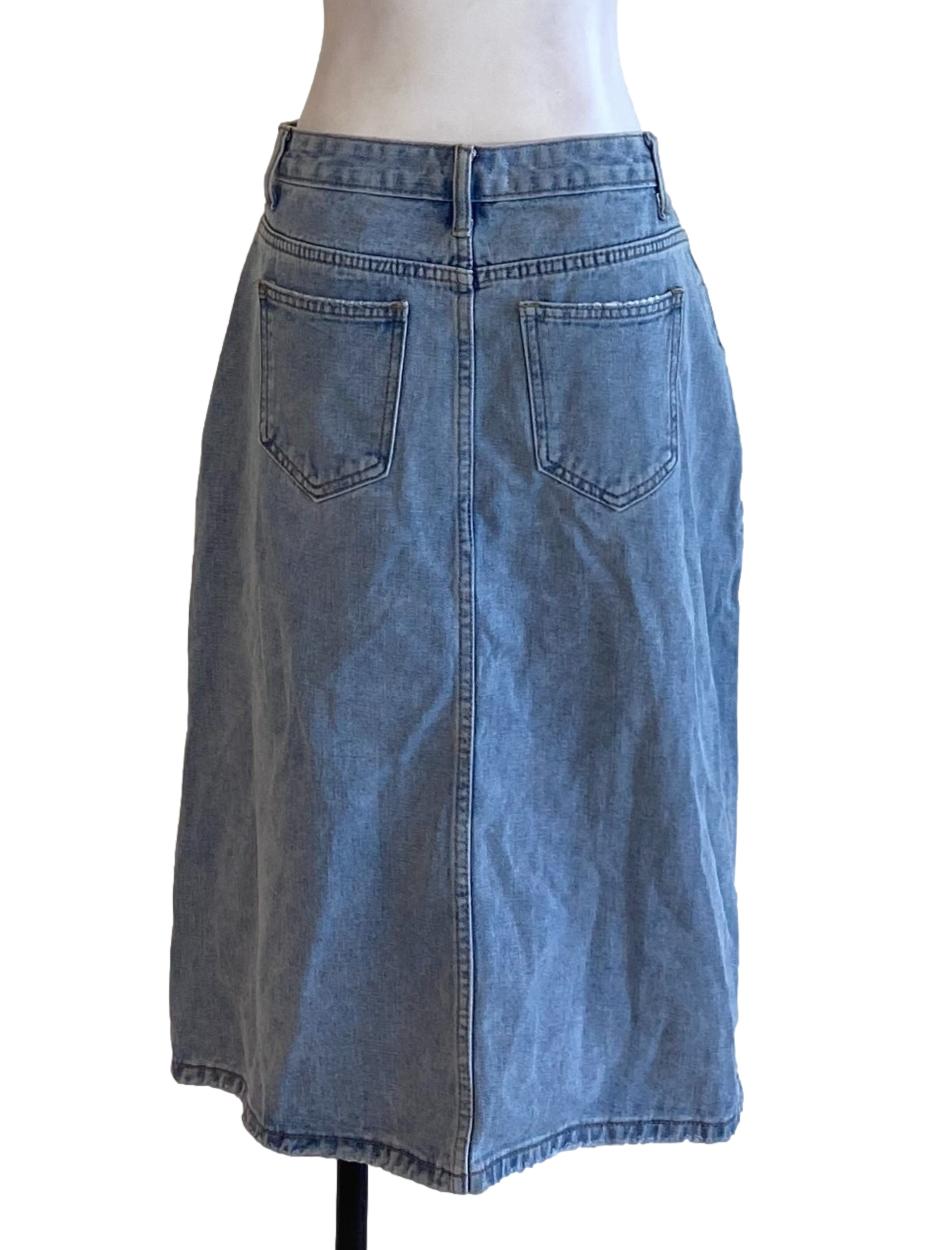 Light Denim Blue Buttoned Waist Slit Tube Denim Skirt