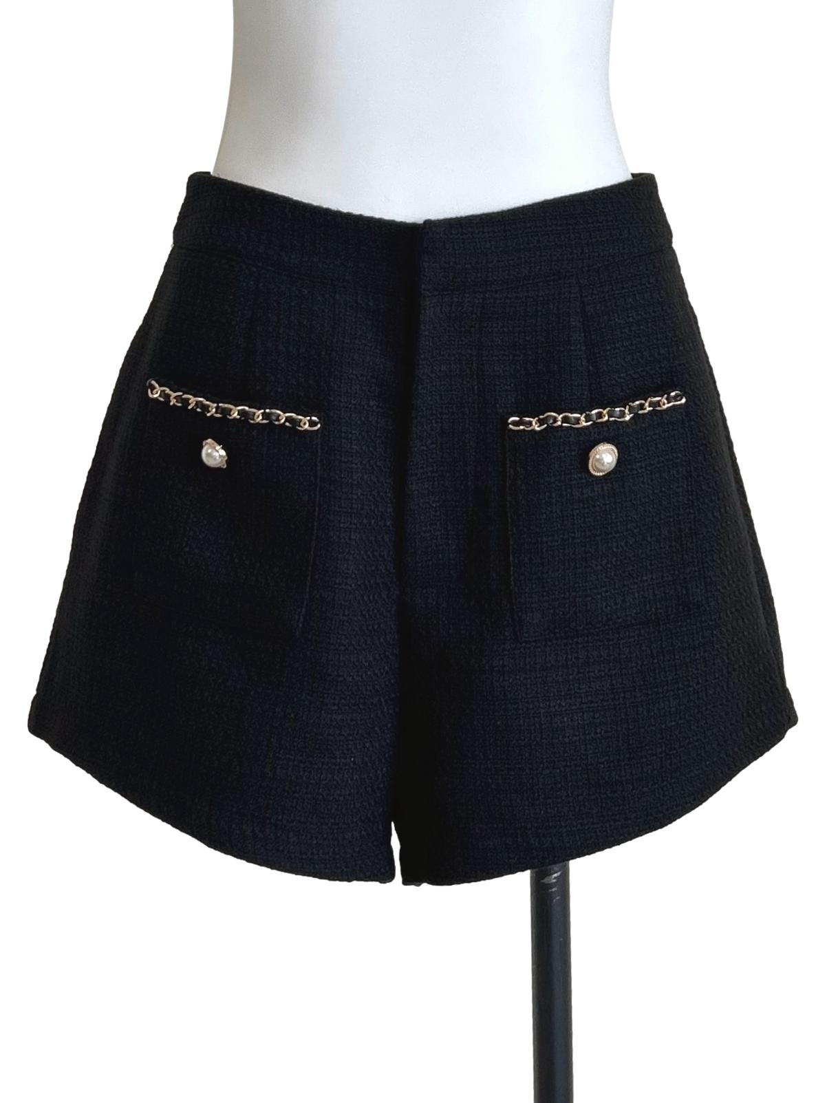 Black Tweed Shorts With Chain-Trim Pocket Details