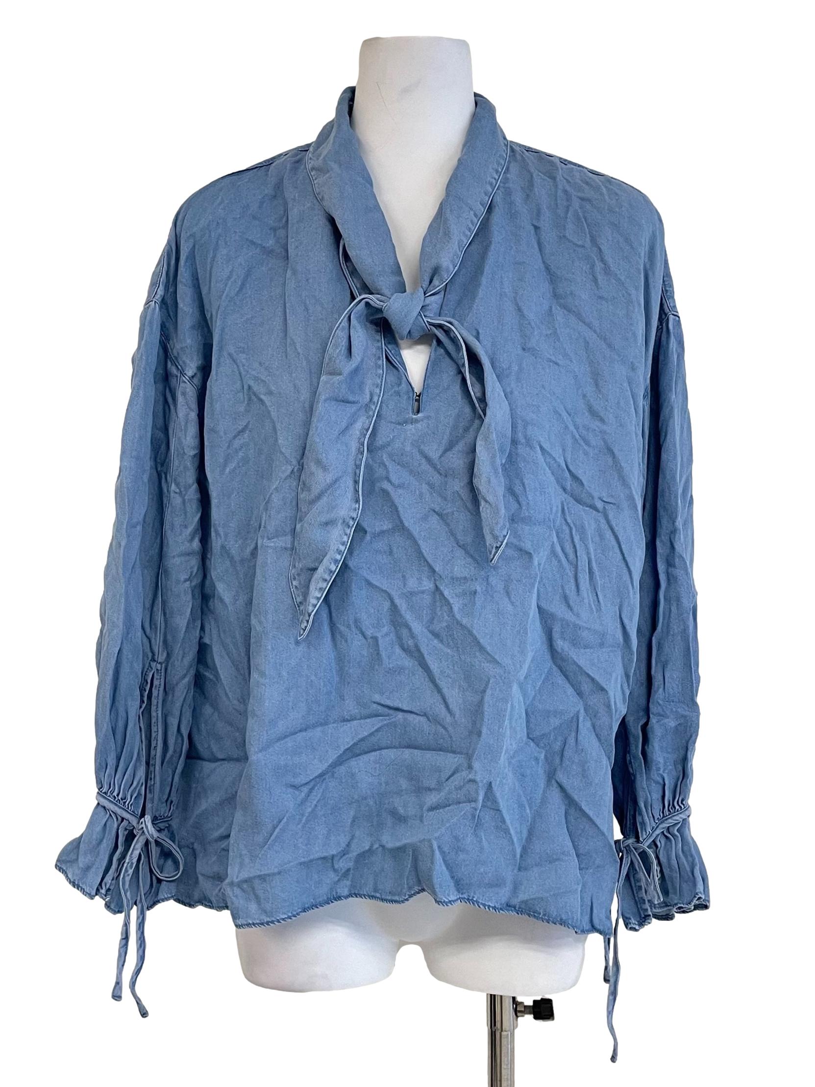 Blue Tie Neck Long Tail Top