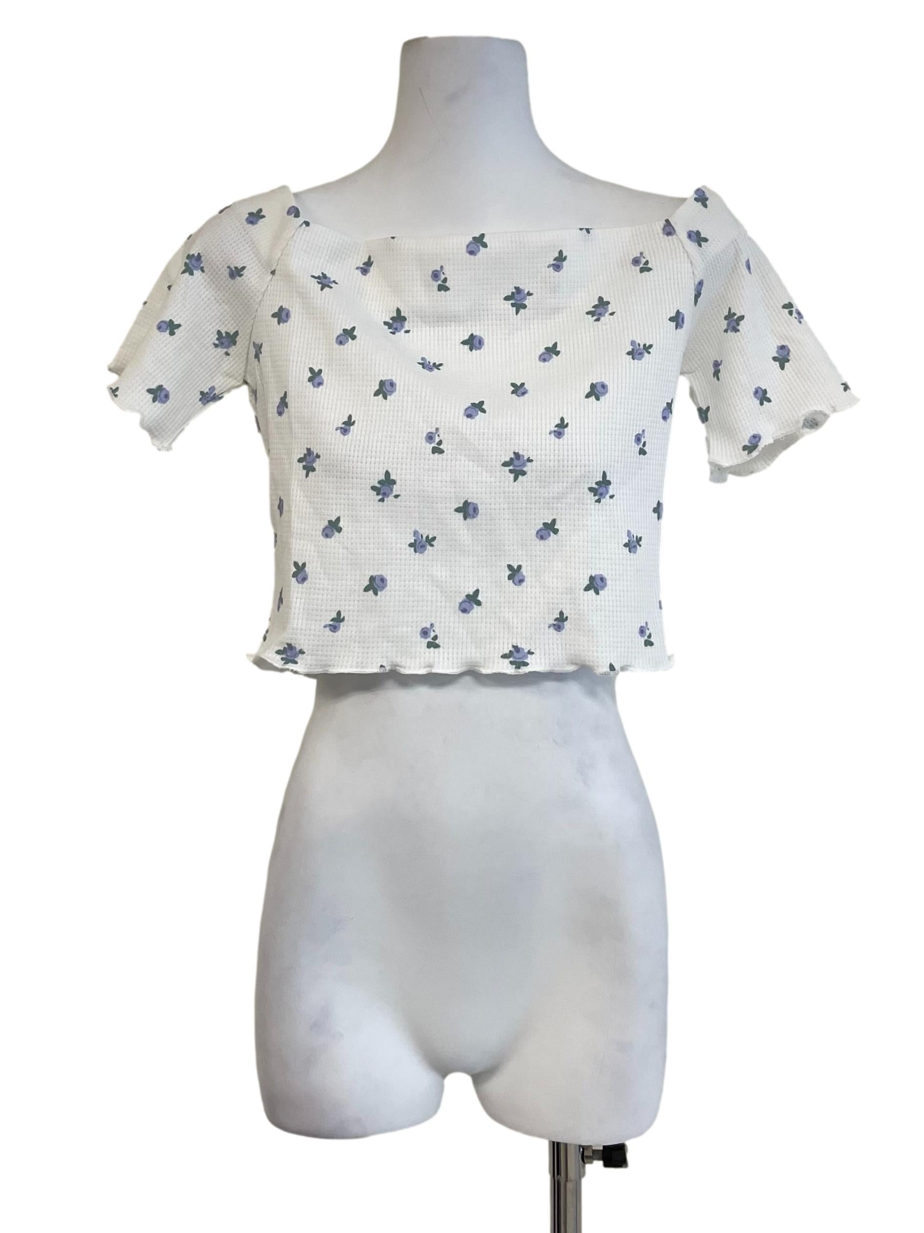 White Wide Neck Floral Crop Top
