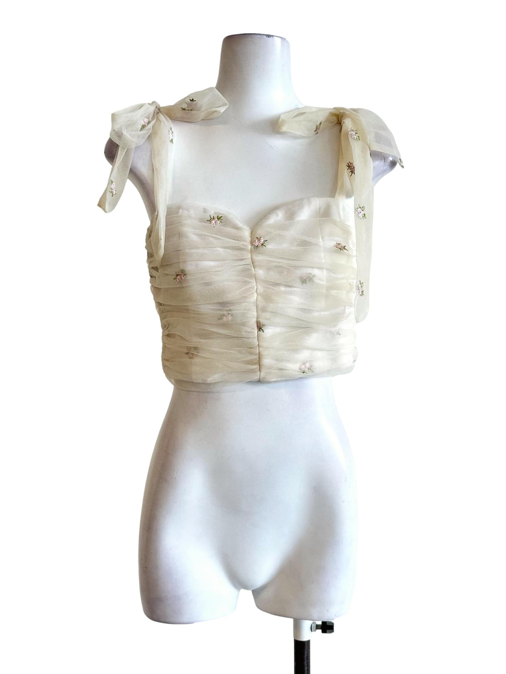 Cream White Flower Embroidered Sleeveless Top