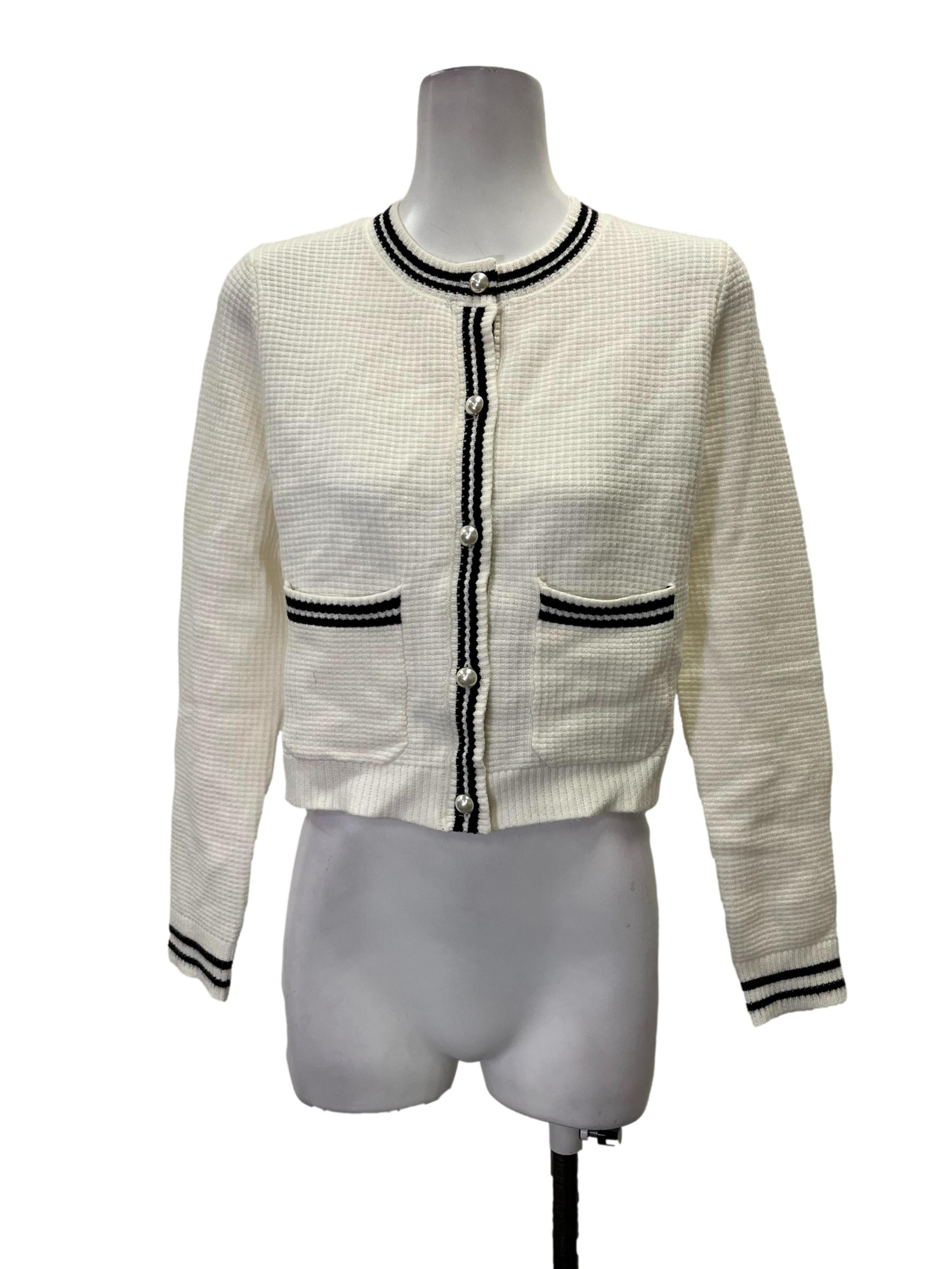 Off White With Black Lines Waffle Knit Cardigan