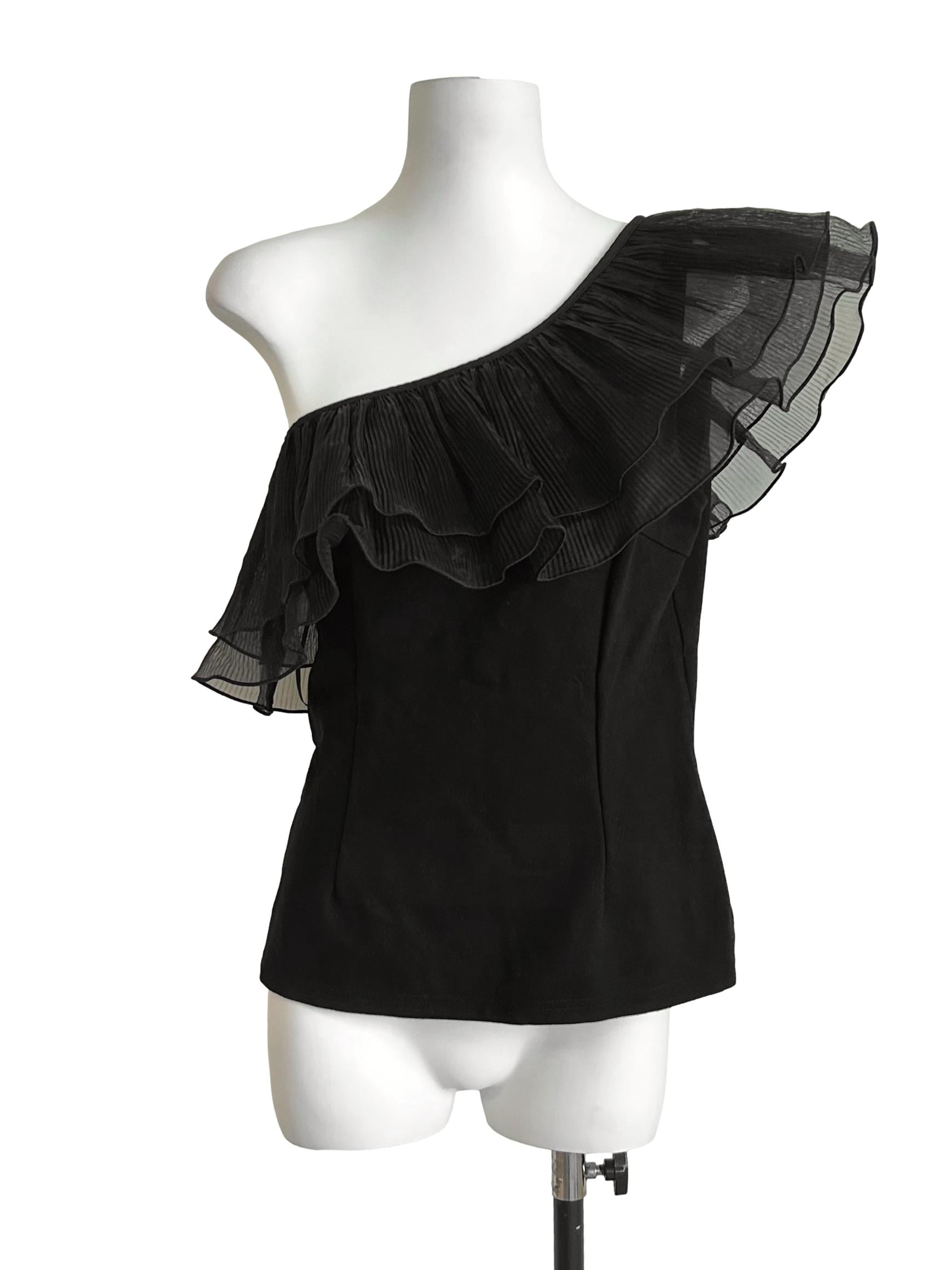 Black One-Shoulder Pleated Tiered-Ruffle Top LB