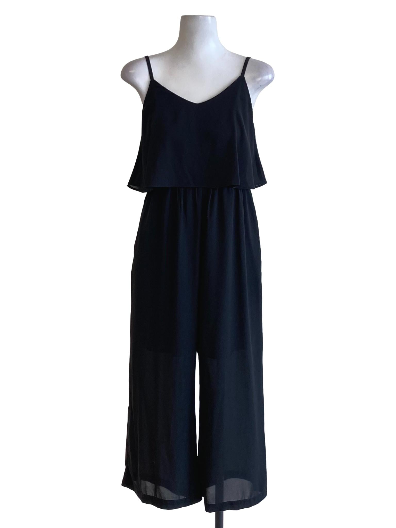 Jade Black V-Neck Cape Bust Loose Flowy Jumpsuit