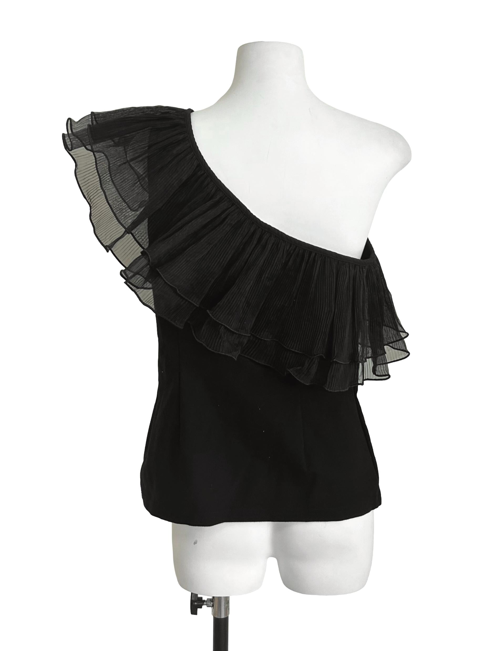 Black One-Shoulder Pleated Tiered-Ruffle Top LB