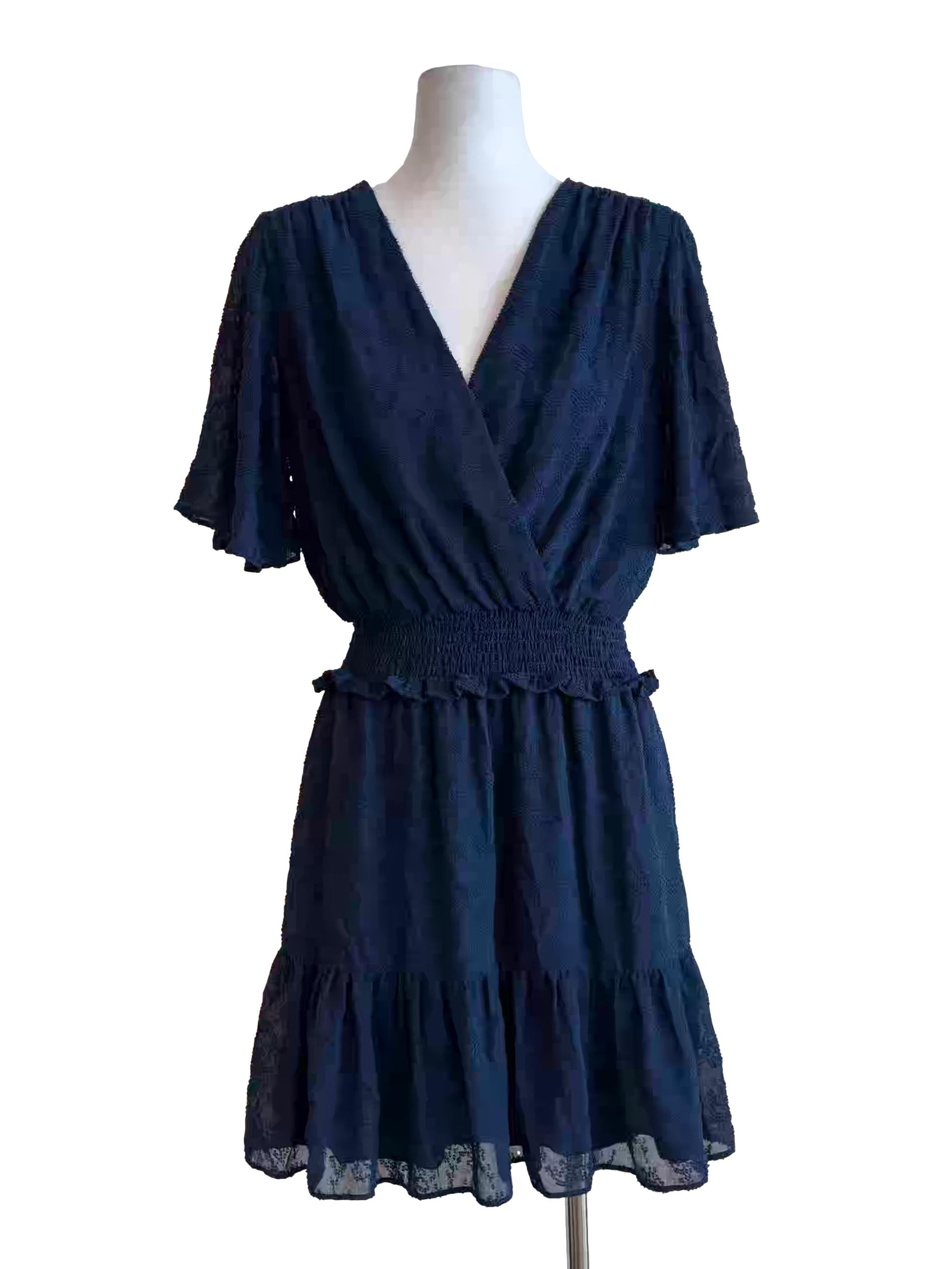 Navy Blue Short Sleeve Textured Dress
