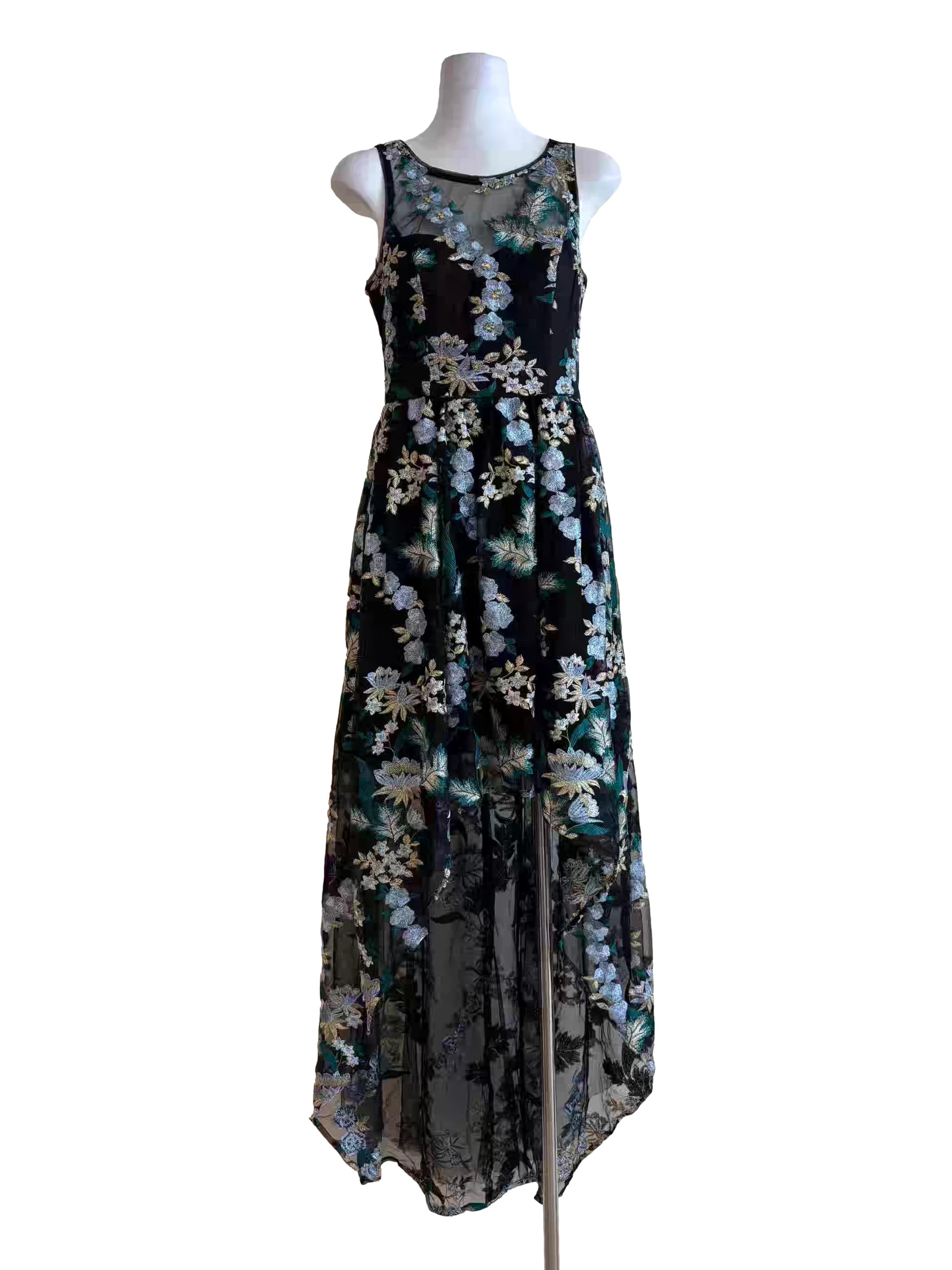 Black Lace Blue Floral Embroidered Train Dress