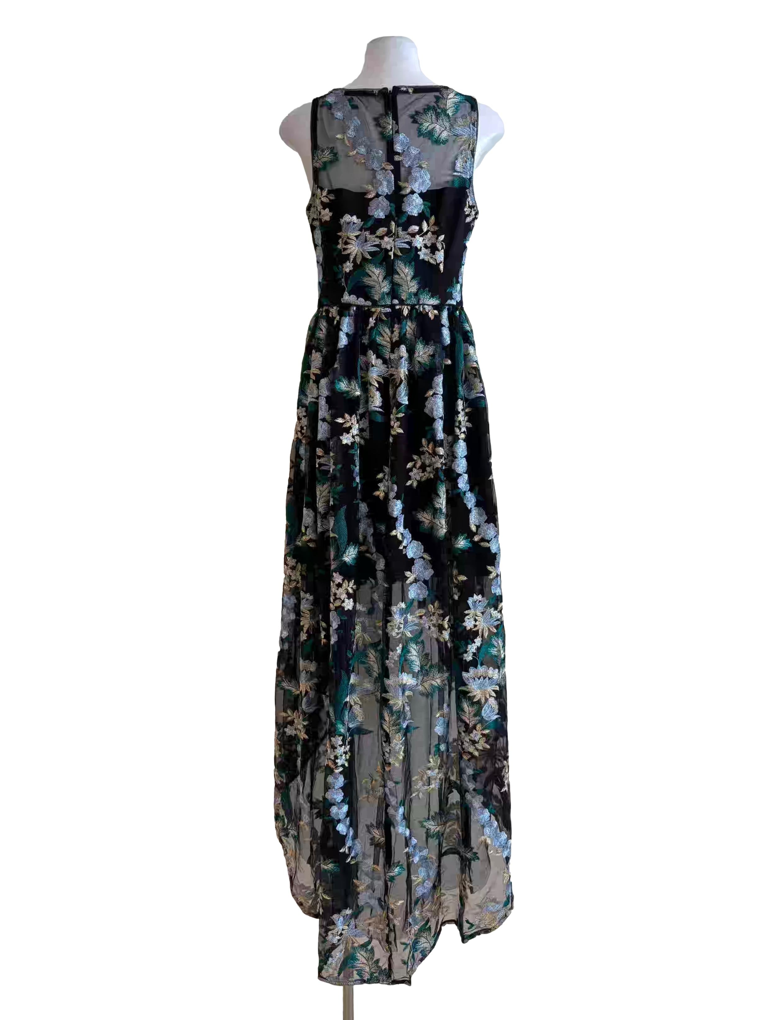 Black Lace Blue Floral Embroidered Train Dress