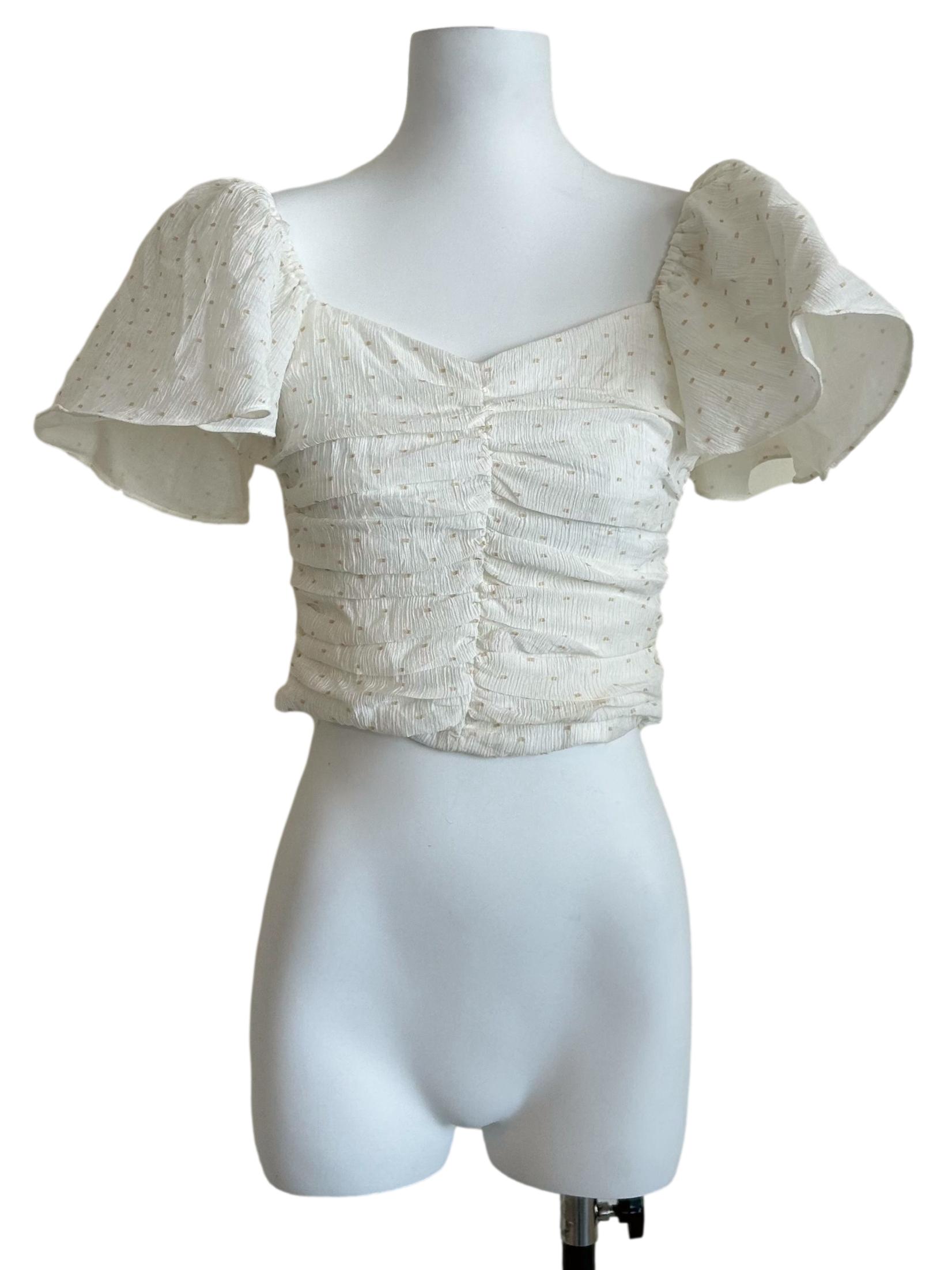 White Ruched Puff Sleeve Crop Top