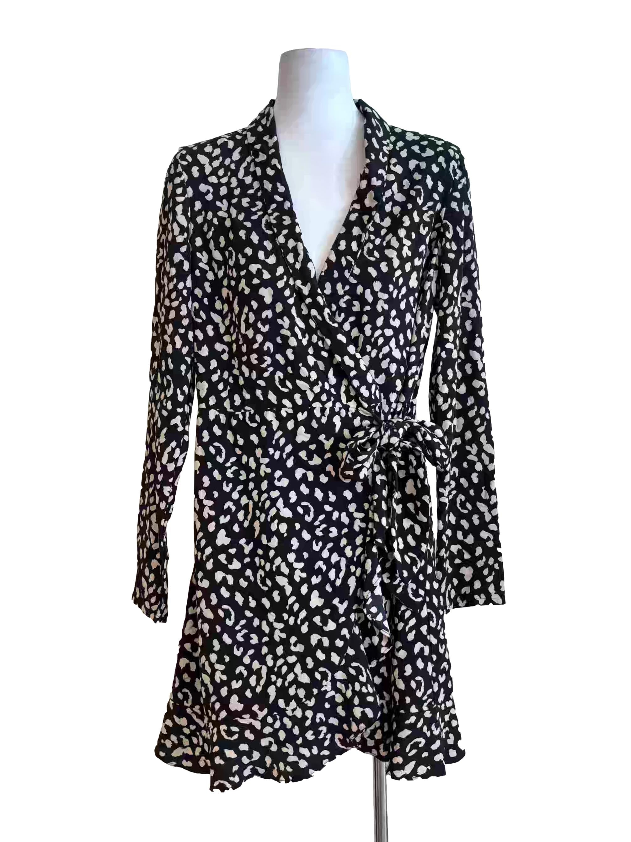 Soft Black And White Patterned Wrap Dress