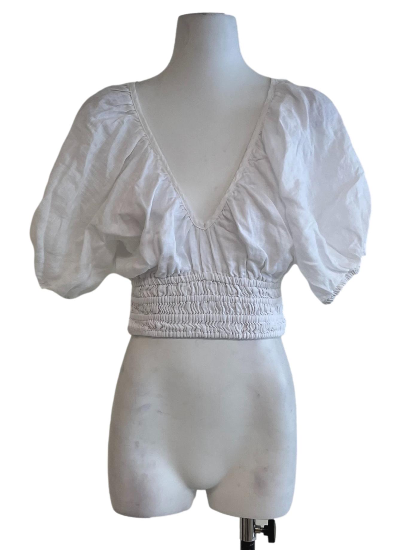 White V-Neckline Puff Sleeve Blouse