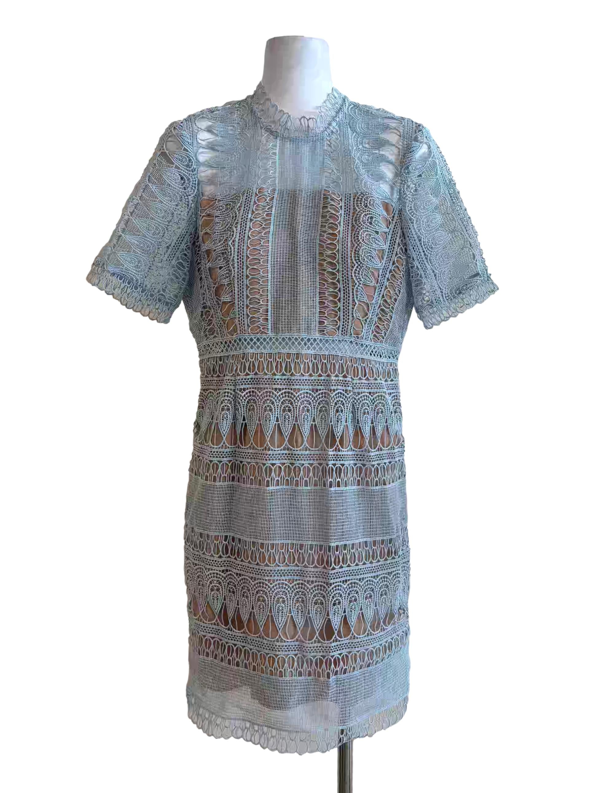 Baby Blue Nude Lining Short Sleeve Lace Dress