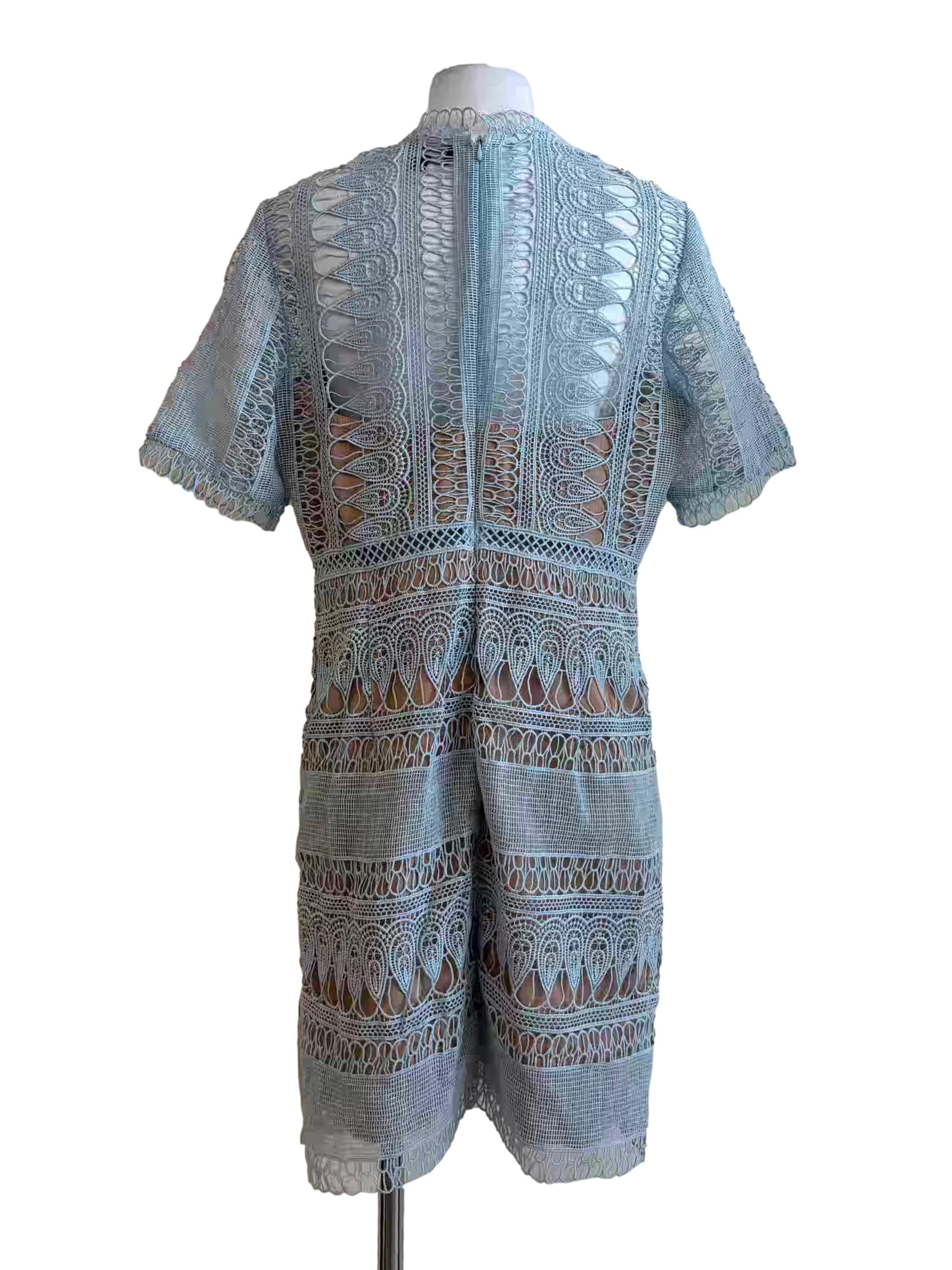 Baby Blue Nude Lining Short Sleeve Lace Dress