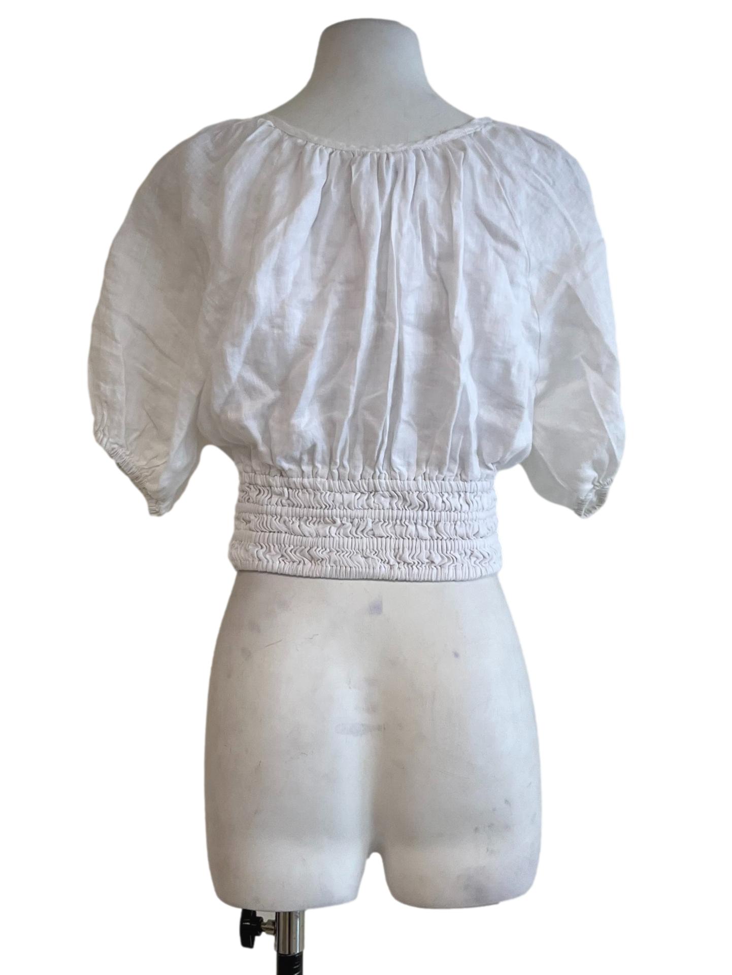White V-Neckline Puff Sleeve Blouse