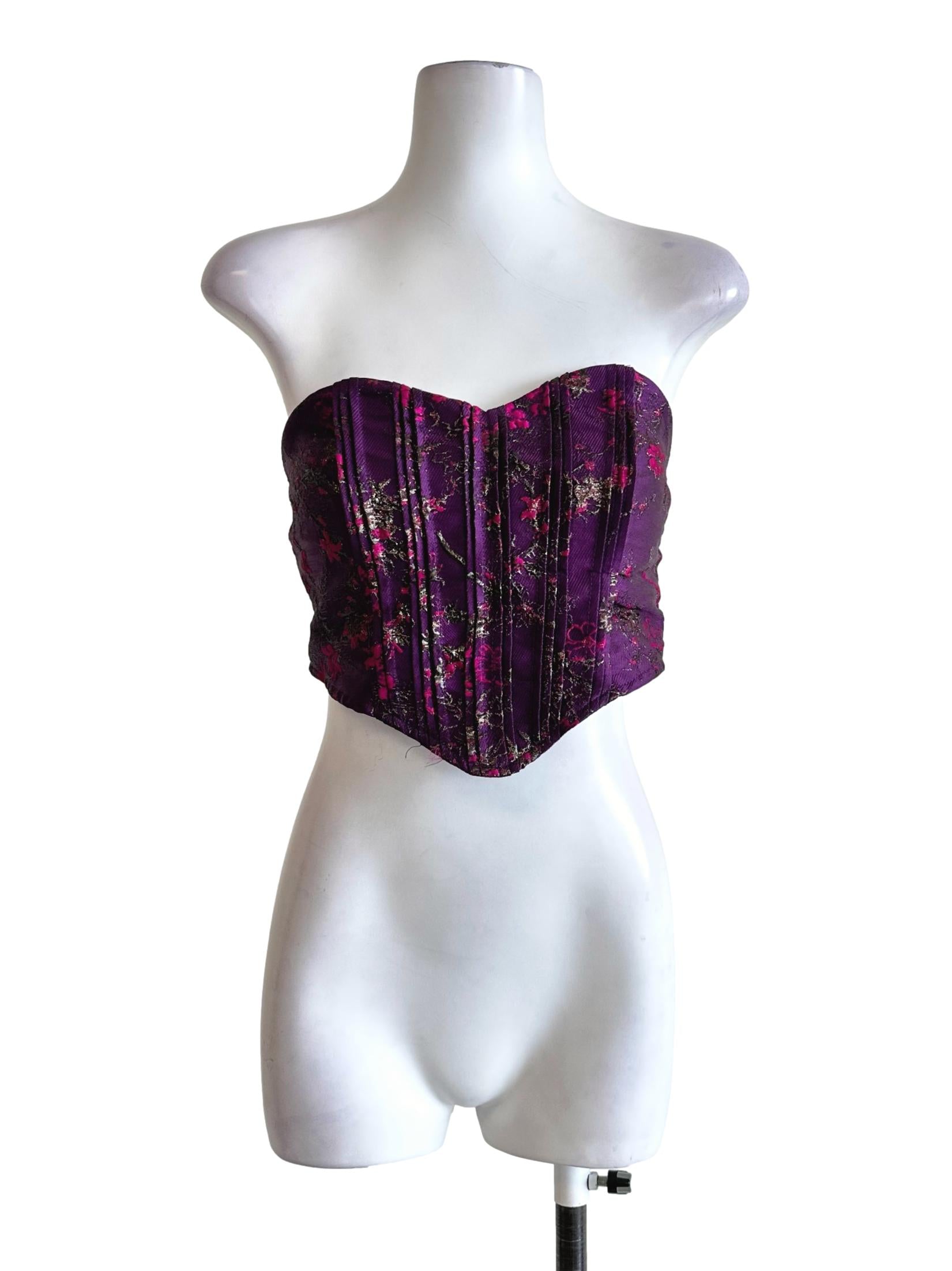 Plum Purple Padded Flower Embroidered Strapless Top YHF