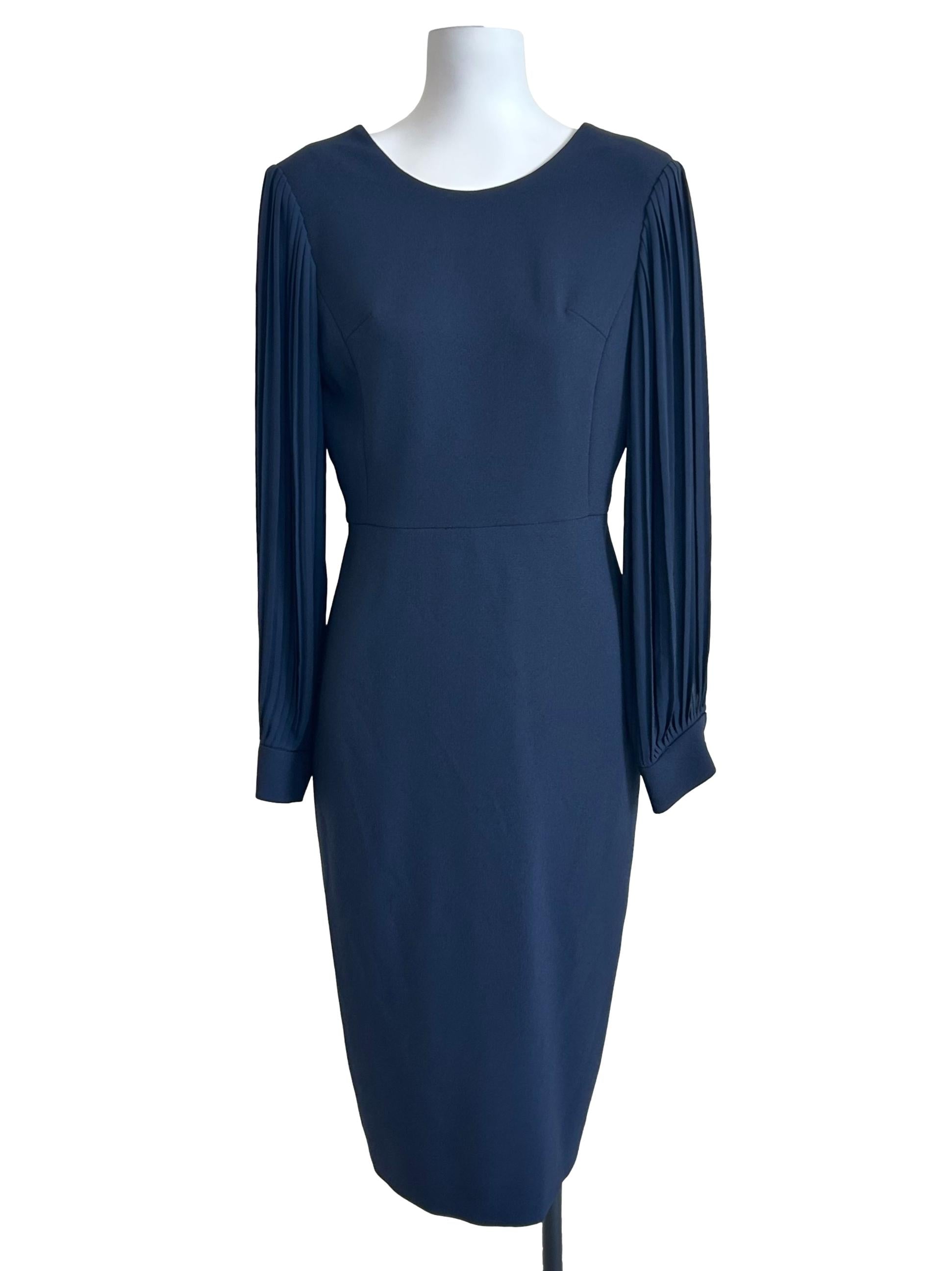 Navy Blue Pleated Sleeve Fitted Dress