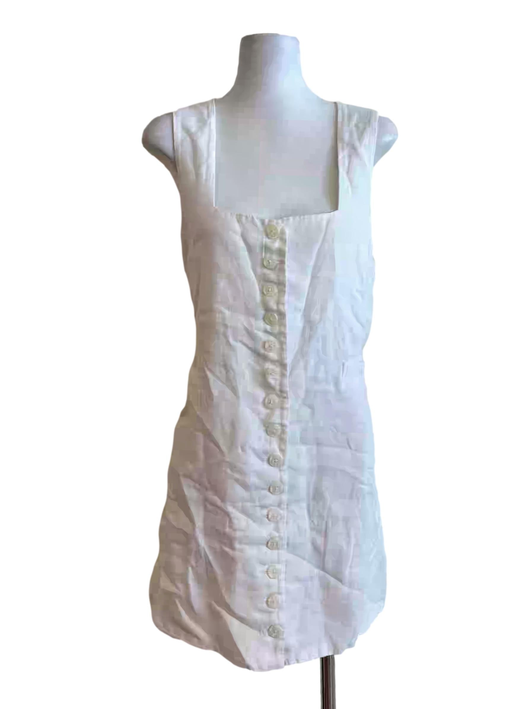 Pearl White Sleeveless Buttoned Linen Dress