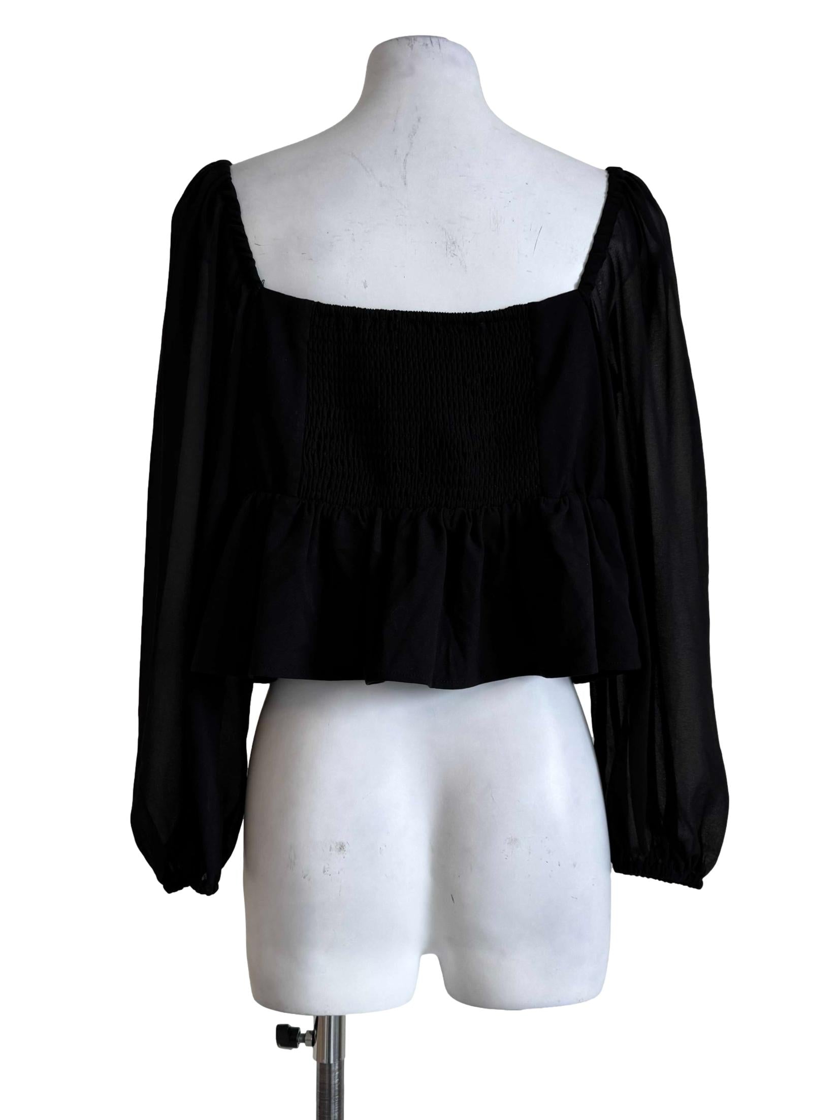Ink Black V Neck Sheer Sleeve Top