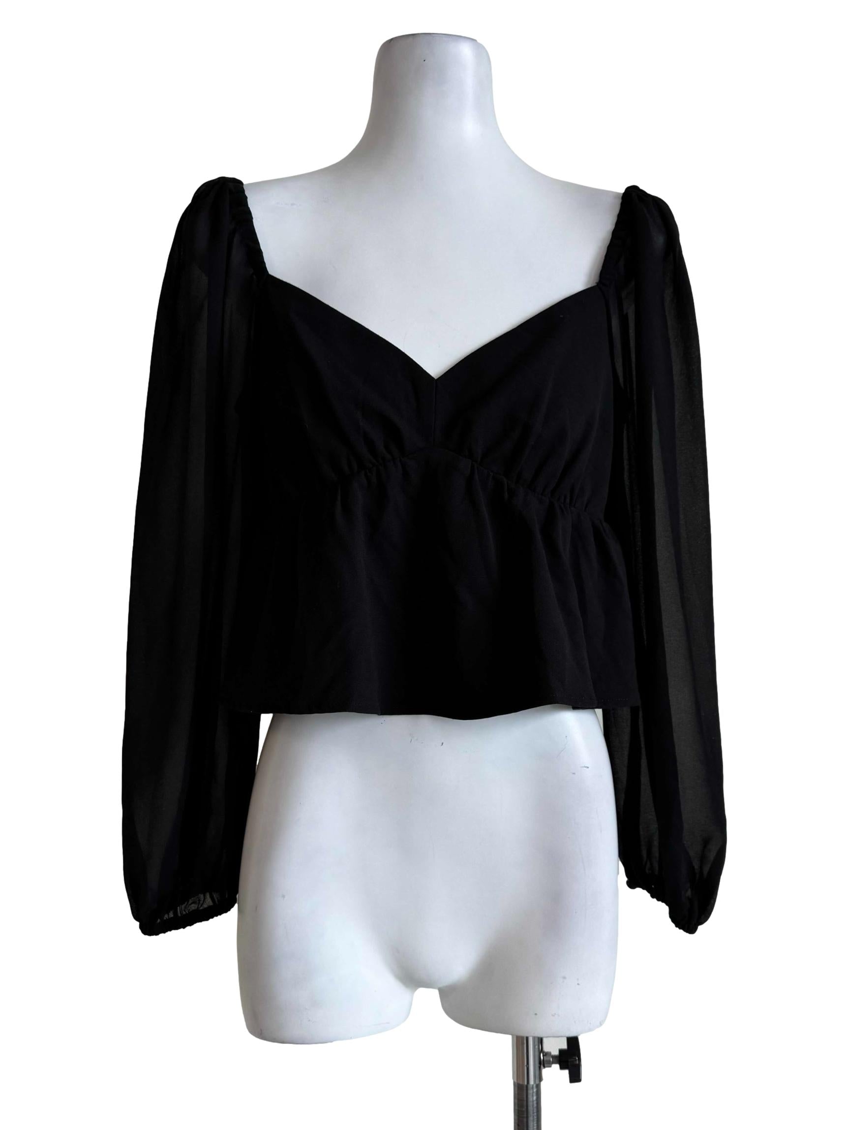 Ink Black V Neck Sheer Sleeve Top