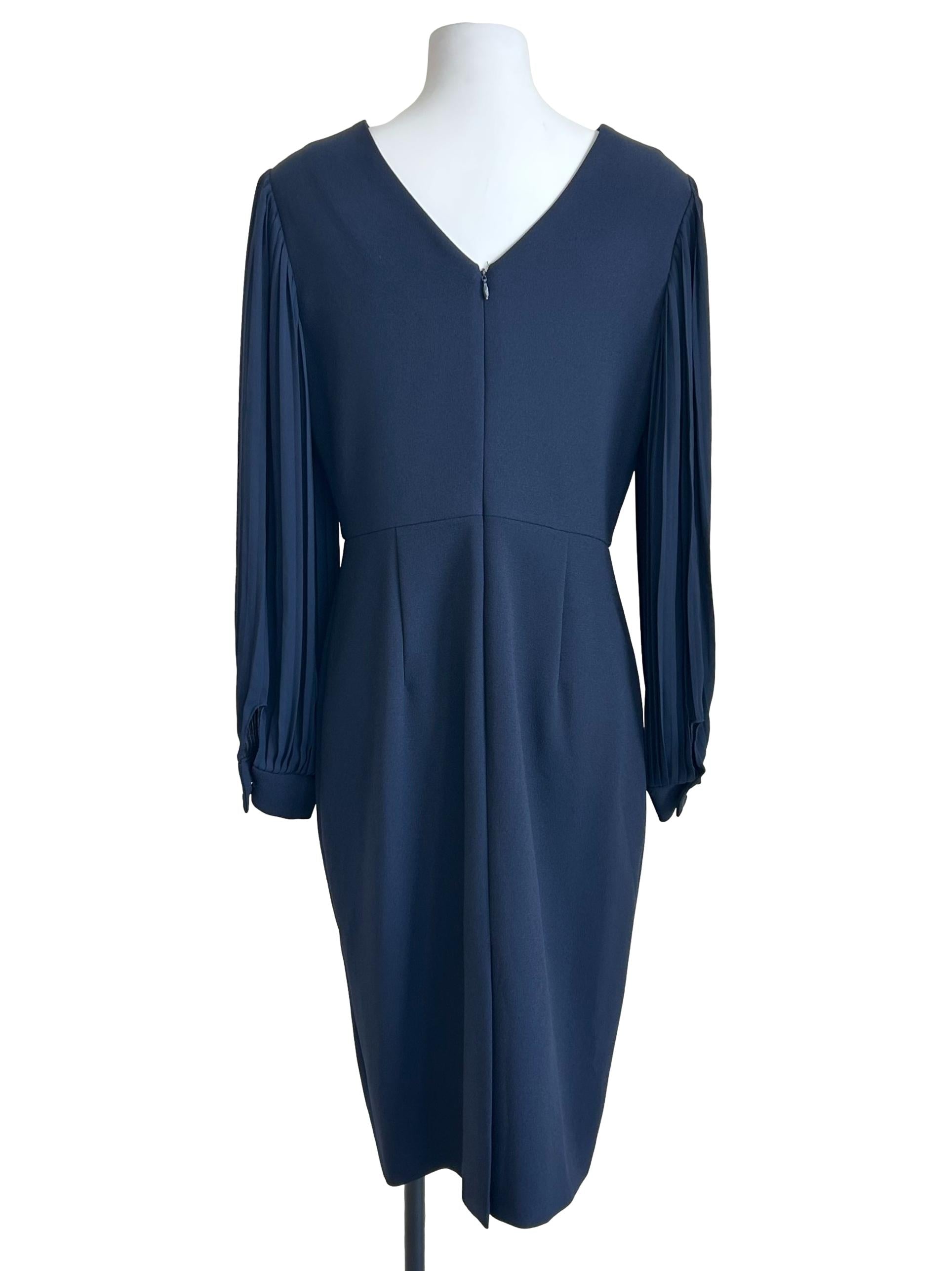 Navy Blue Pleated Sleeve Fitted Dress