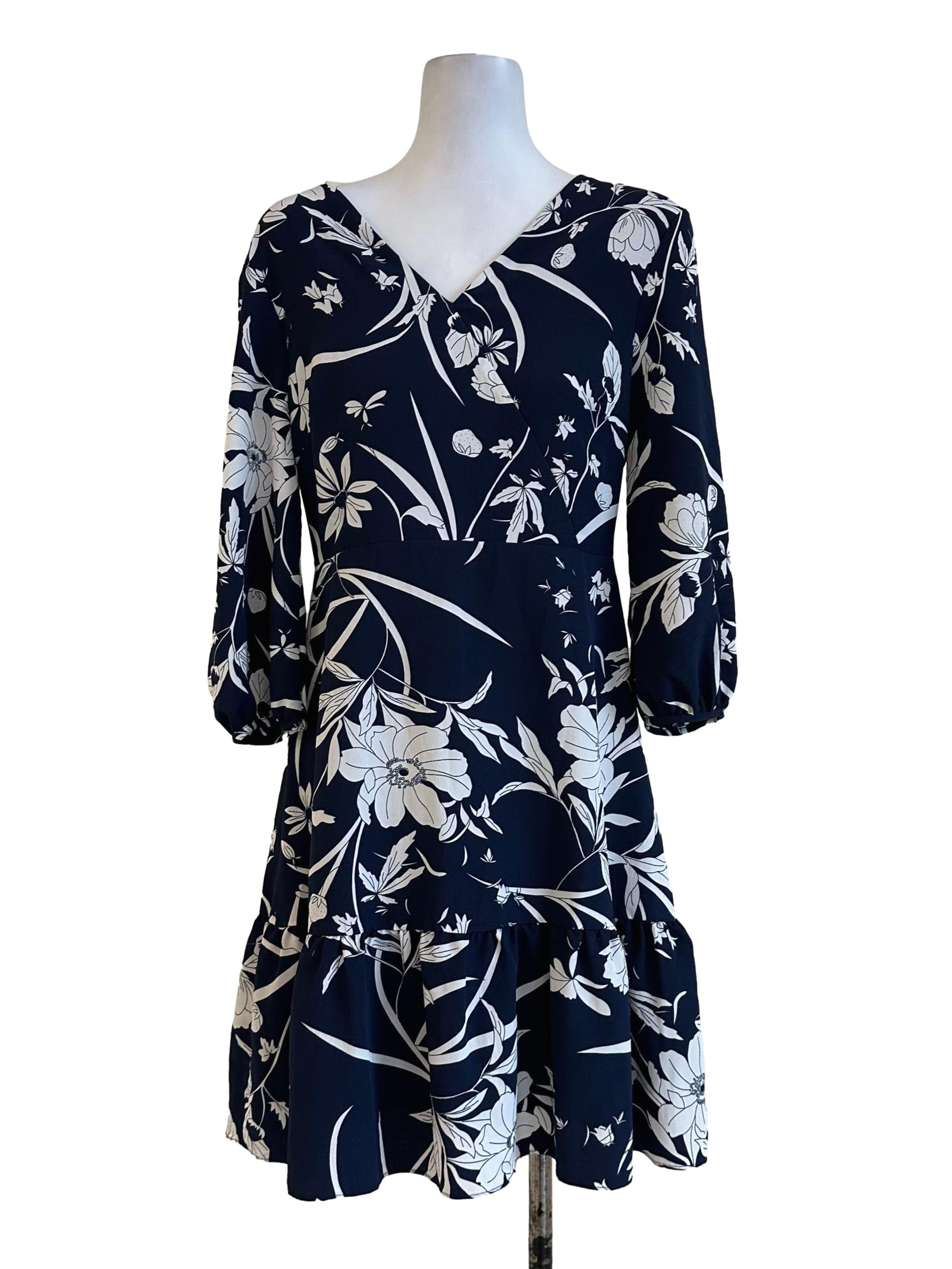 Berry Blue Flower Pattern V Neckline Dress