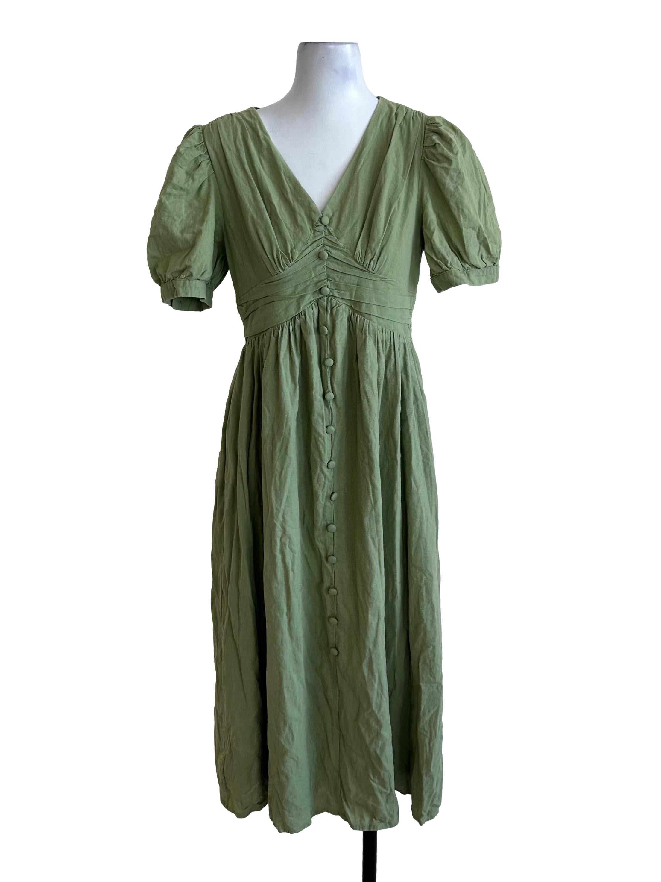 Matcha Green V Neck Button Puff Sleeve Dress