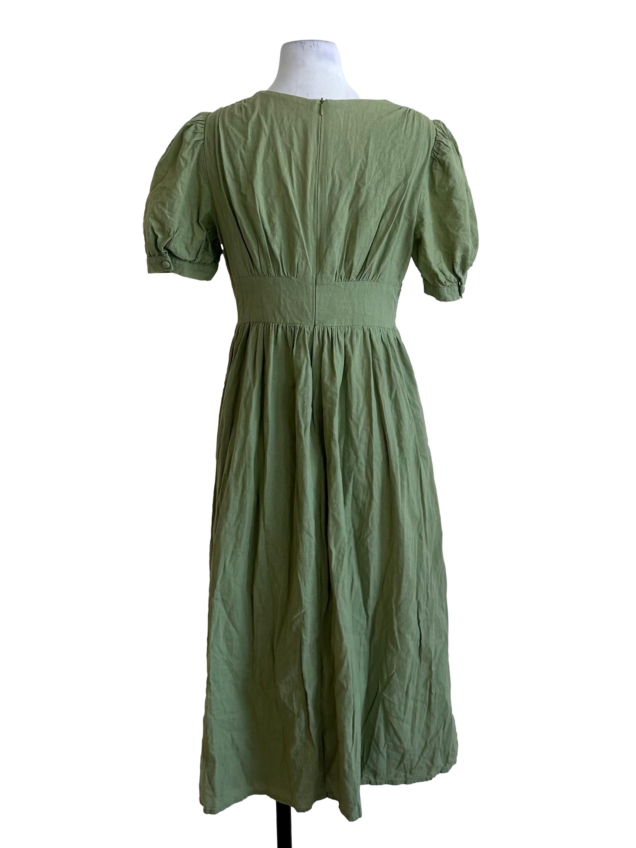 Matcha Green V Neck Button Puff Sleeve Dress