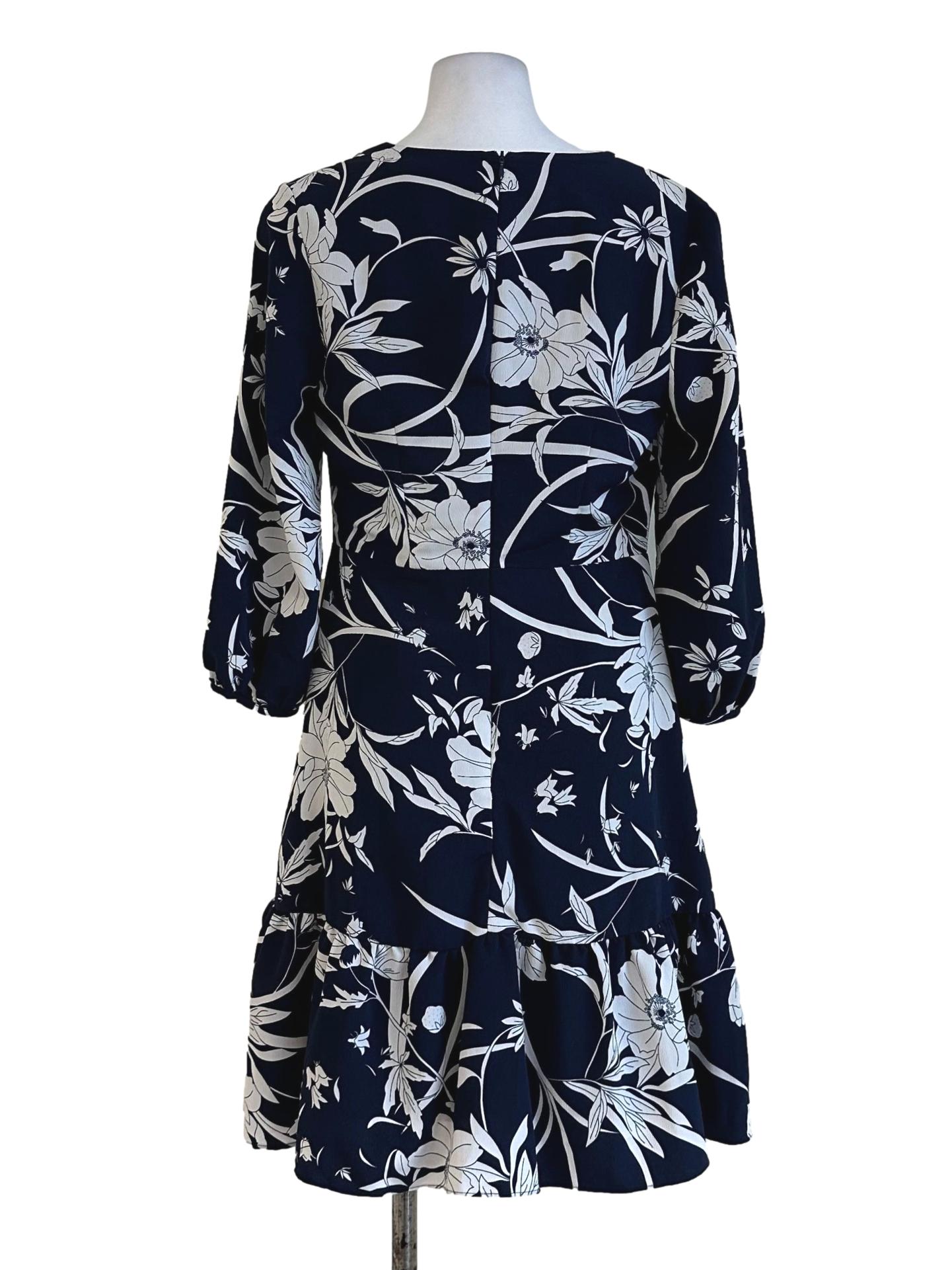 Berry Blue Flower Pattern V Neckline Dress