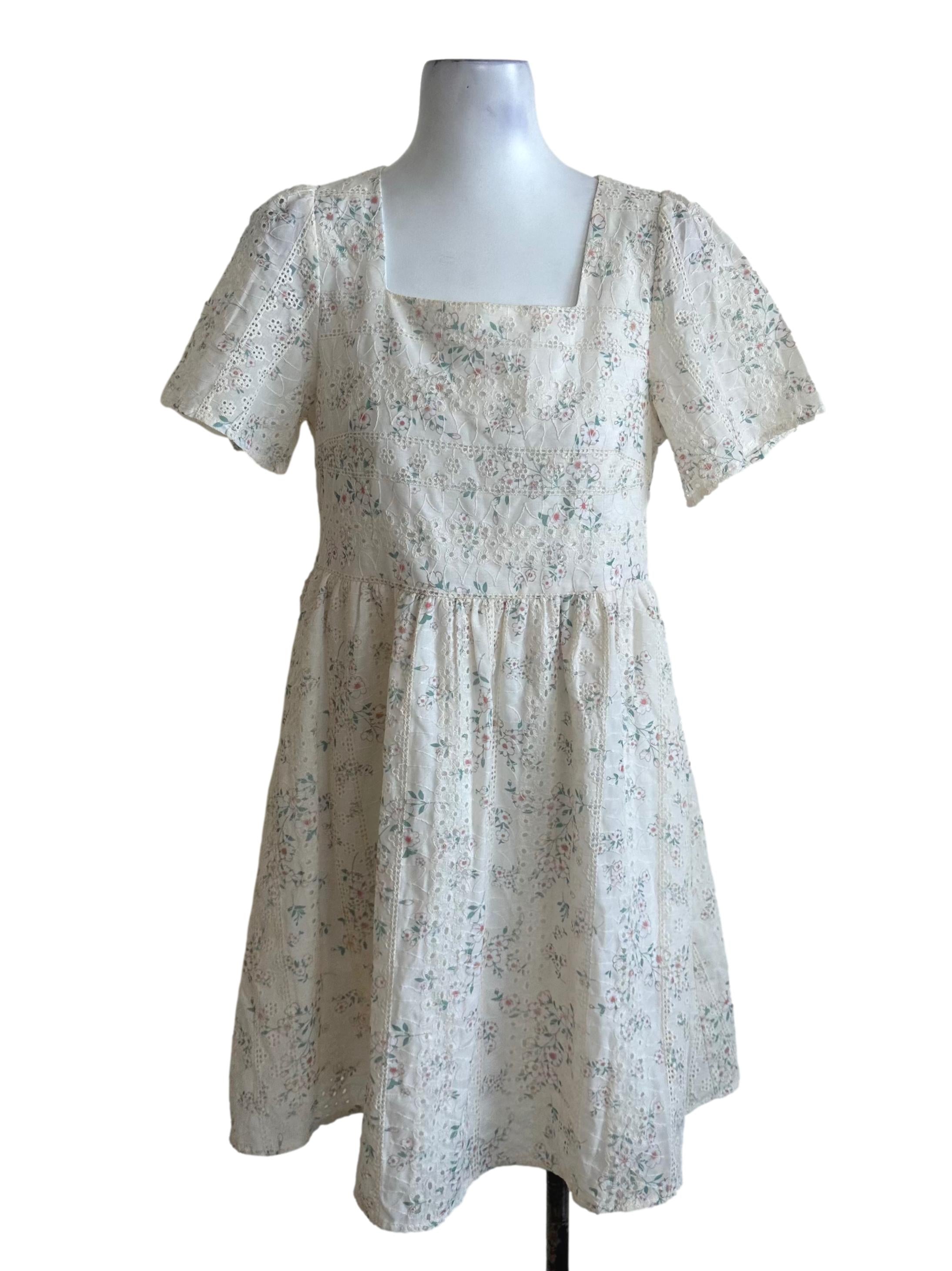 Pearl White Square Neck Floral Eyelet Embroidery Dress