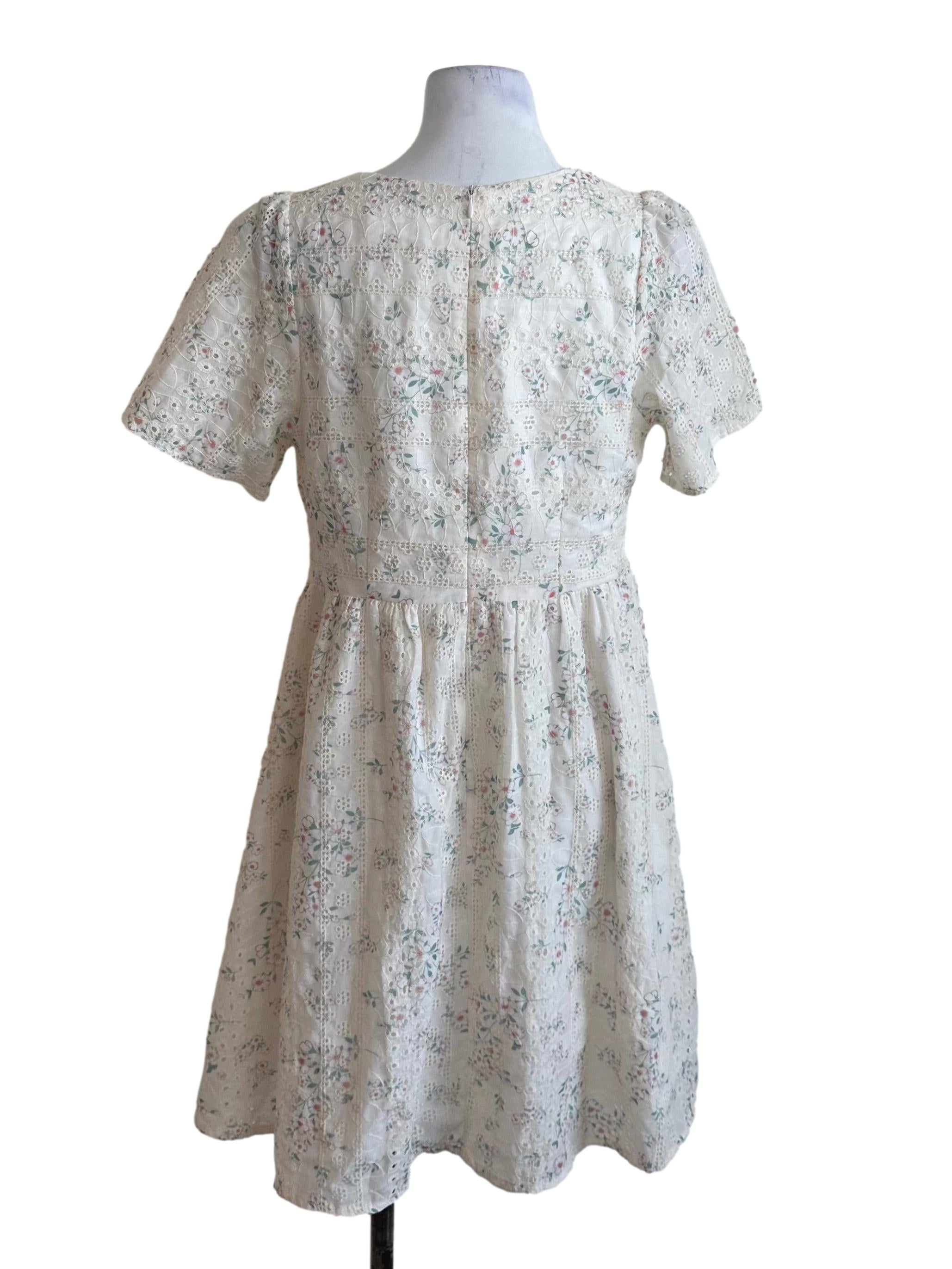 Pearl White Square Neck Floral Eyelet Embroidery Dress
