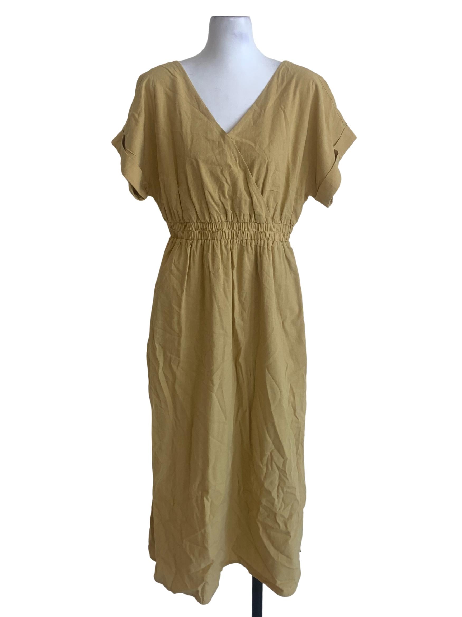 Yellow Textured V-Neck Dress OSN