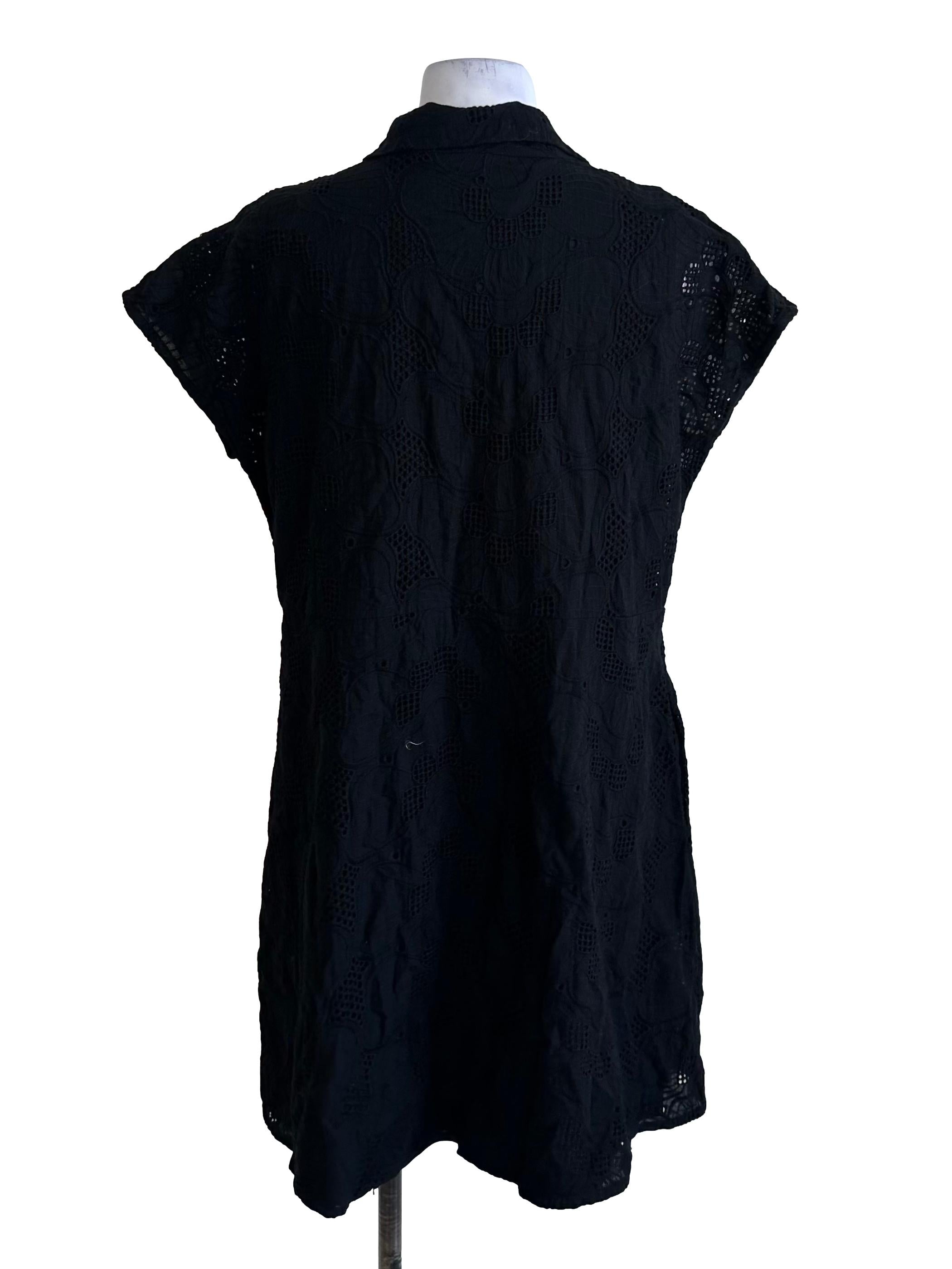 Onyx Black Collar Textured Button Dress