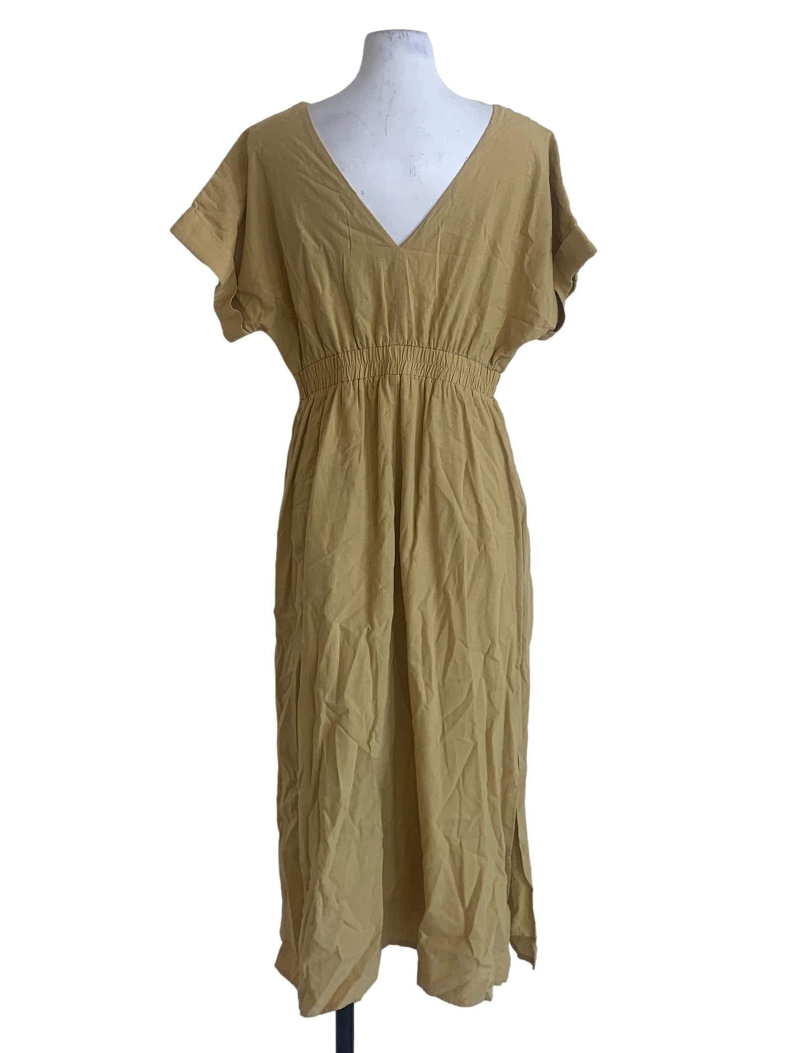 Yellow Textured V-Neck Dress OSN