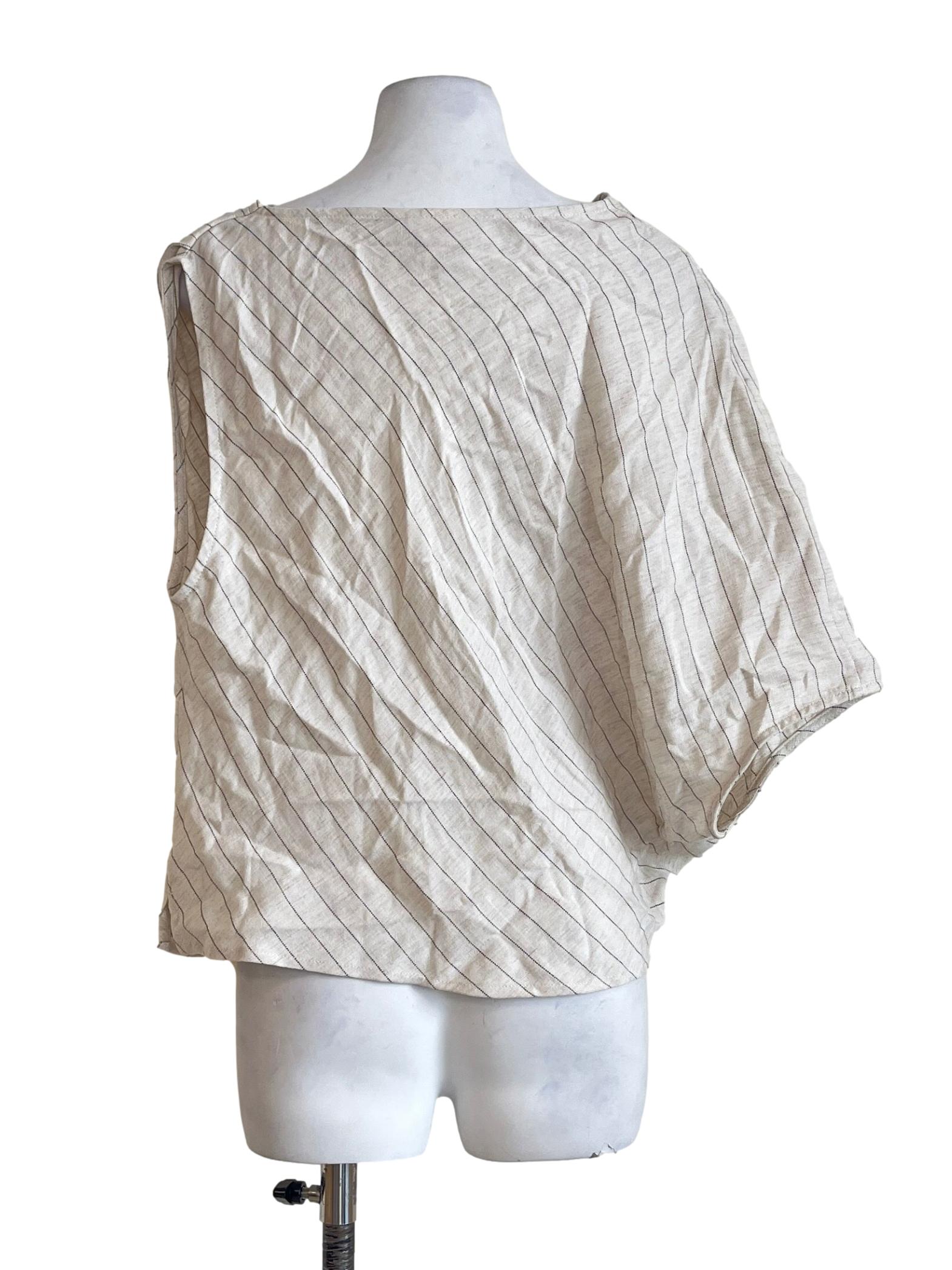 Beige Stripe Asymmetric Sleeve Linen Top