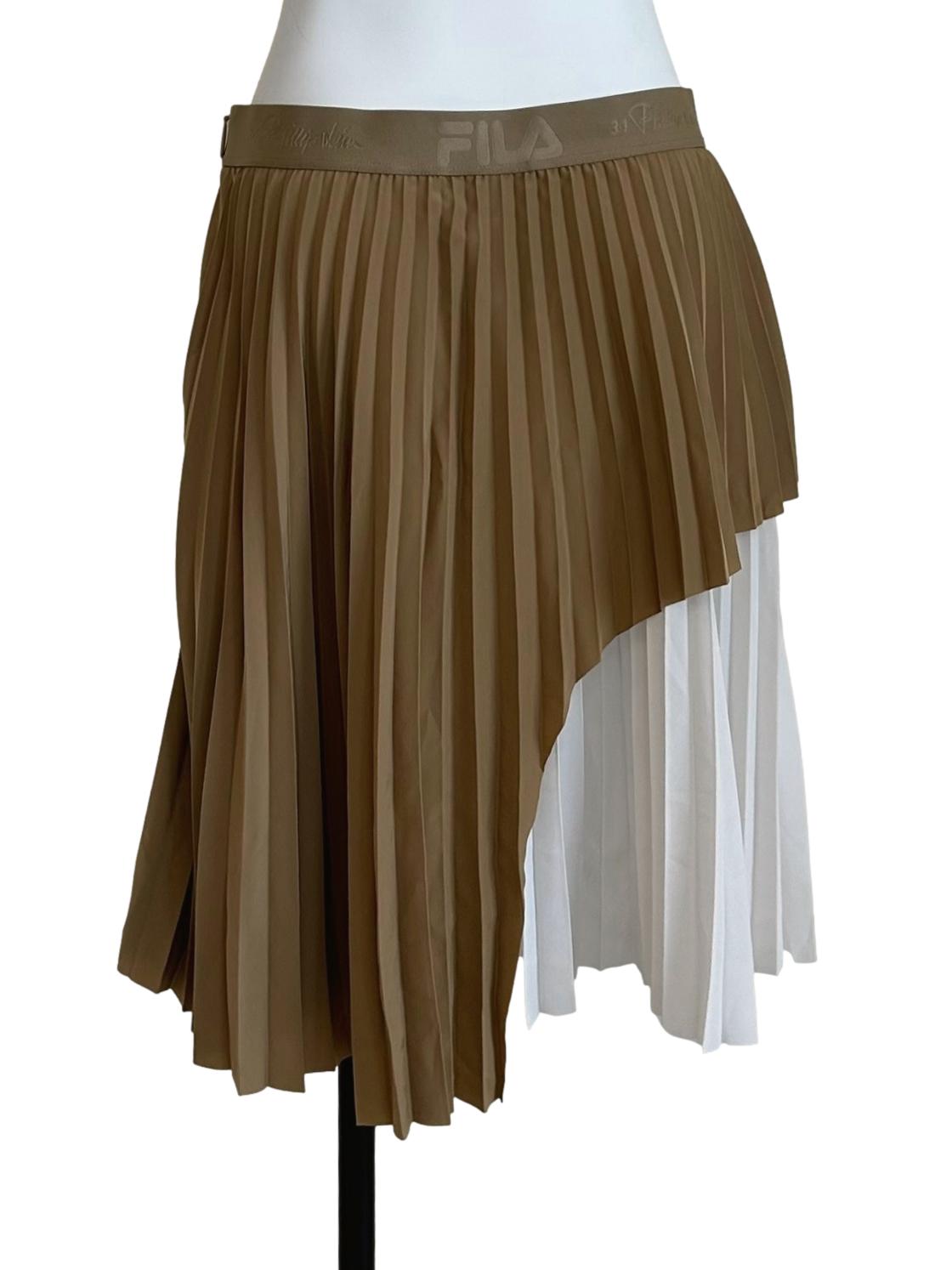 Brown & White Asymmetric Pleated Midi Skirt