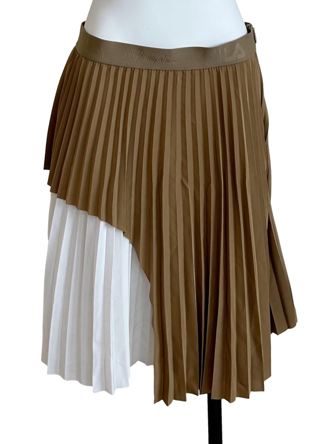 Brown & White Asymmetric Pleated Midi Skirt