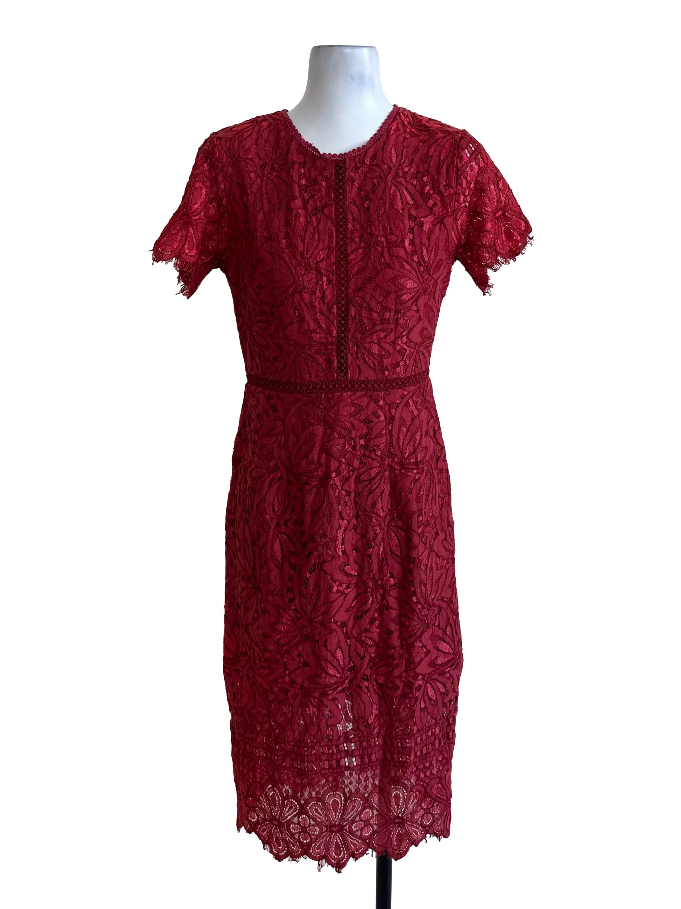 Fayth Ruby Red Lace Round Neck Sheath Dress