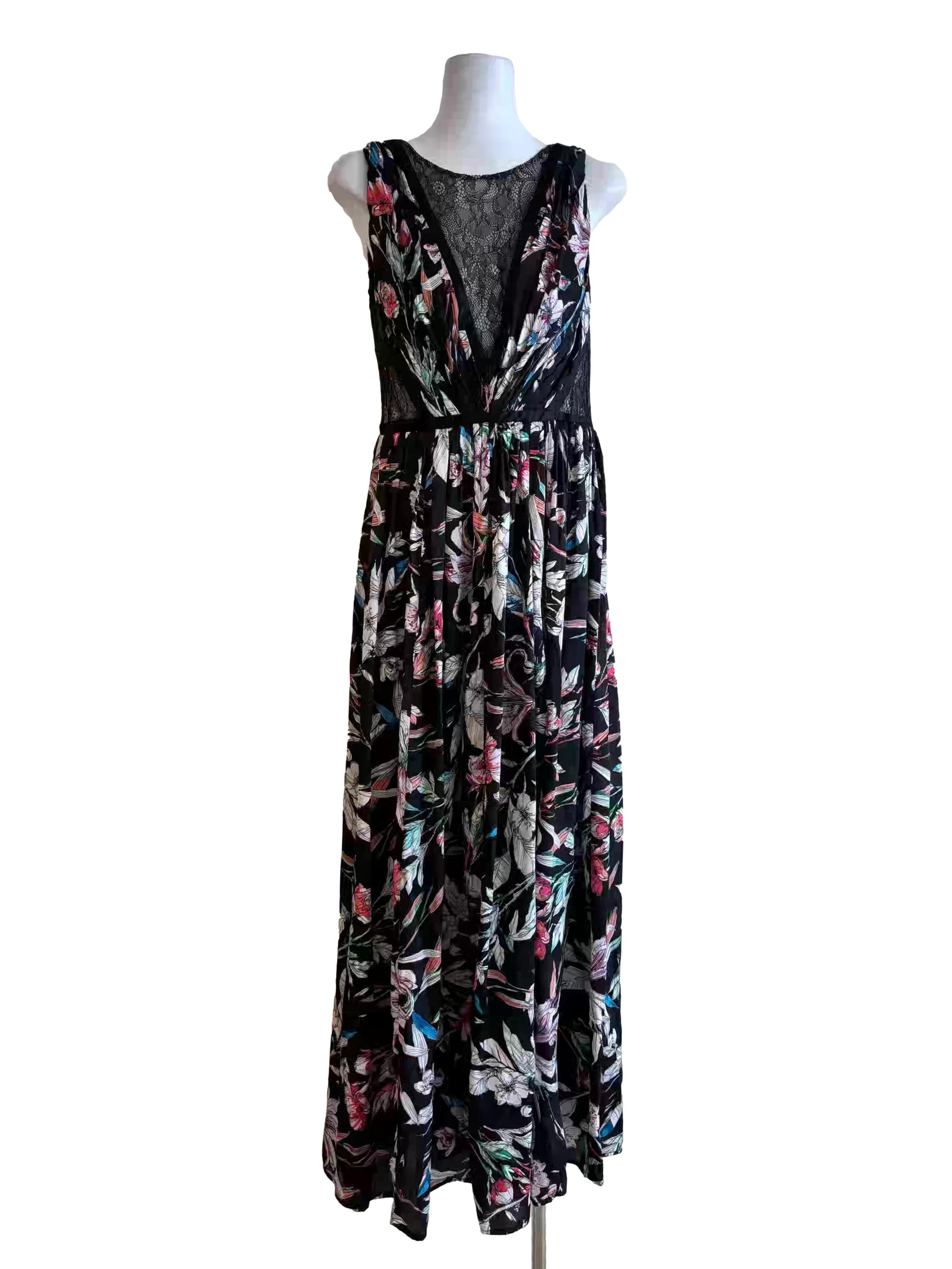 Black Silk Lace Neckline Floral Dress