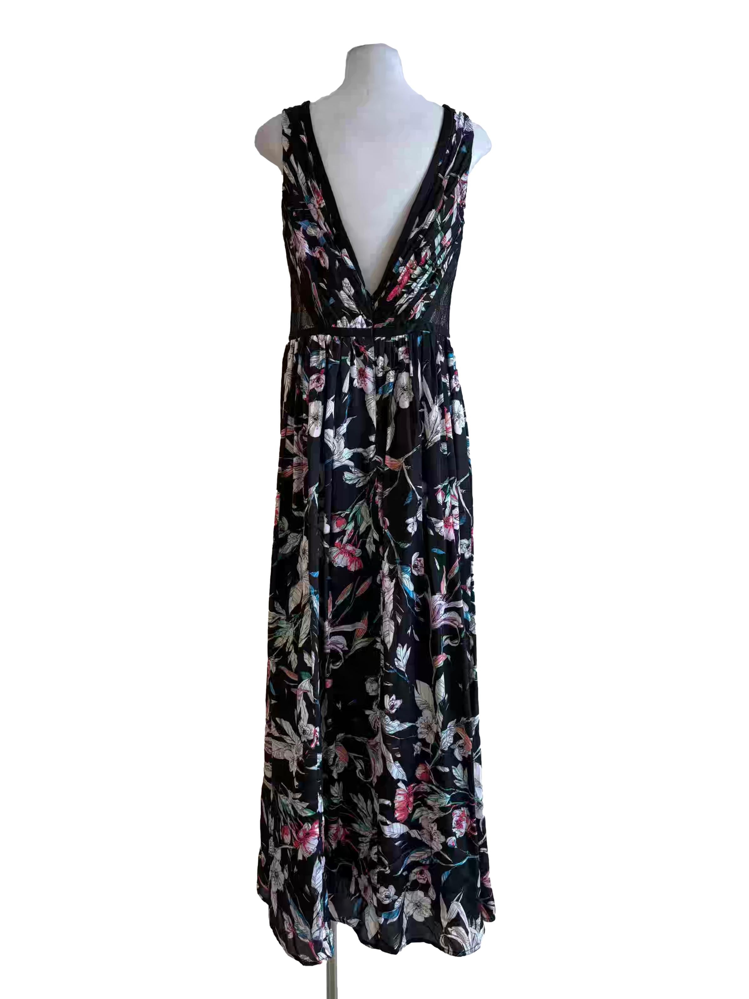 Black Silk Lace Neckline Floral Dress