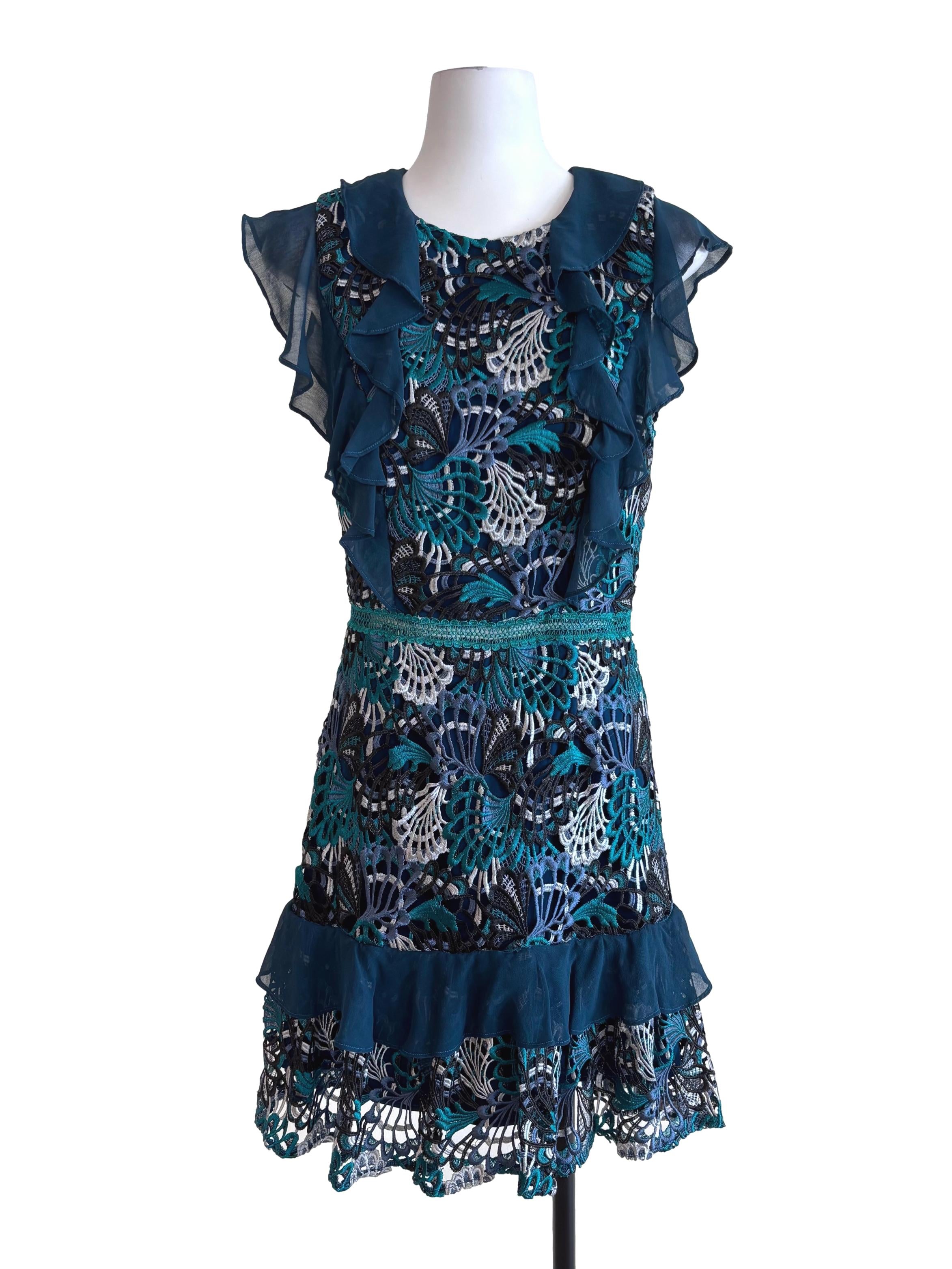 Teal Blue Green Embroidery Ruffle Sleeve Dress