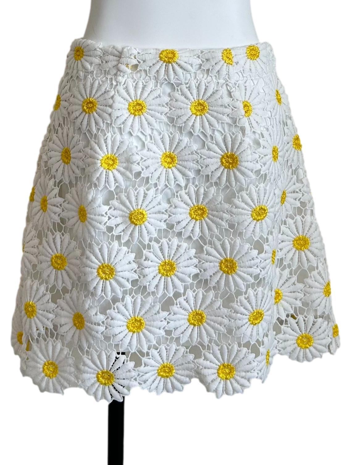 White & Yellow Daisy Crochet Mini Skirt
