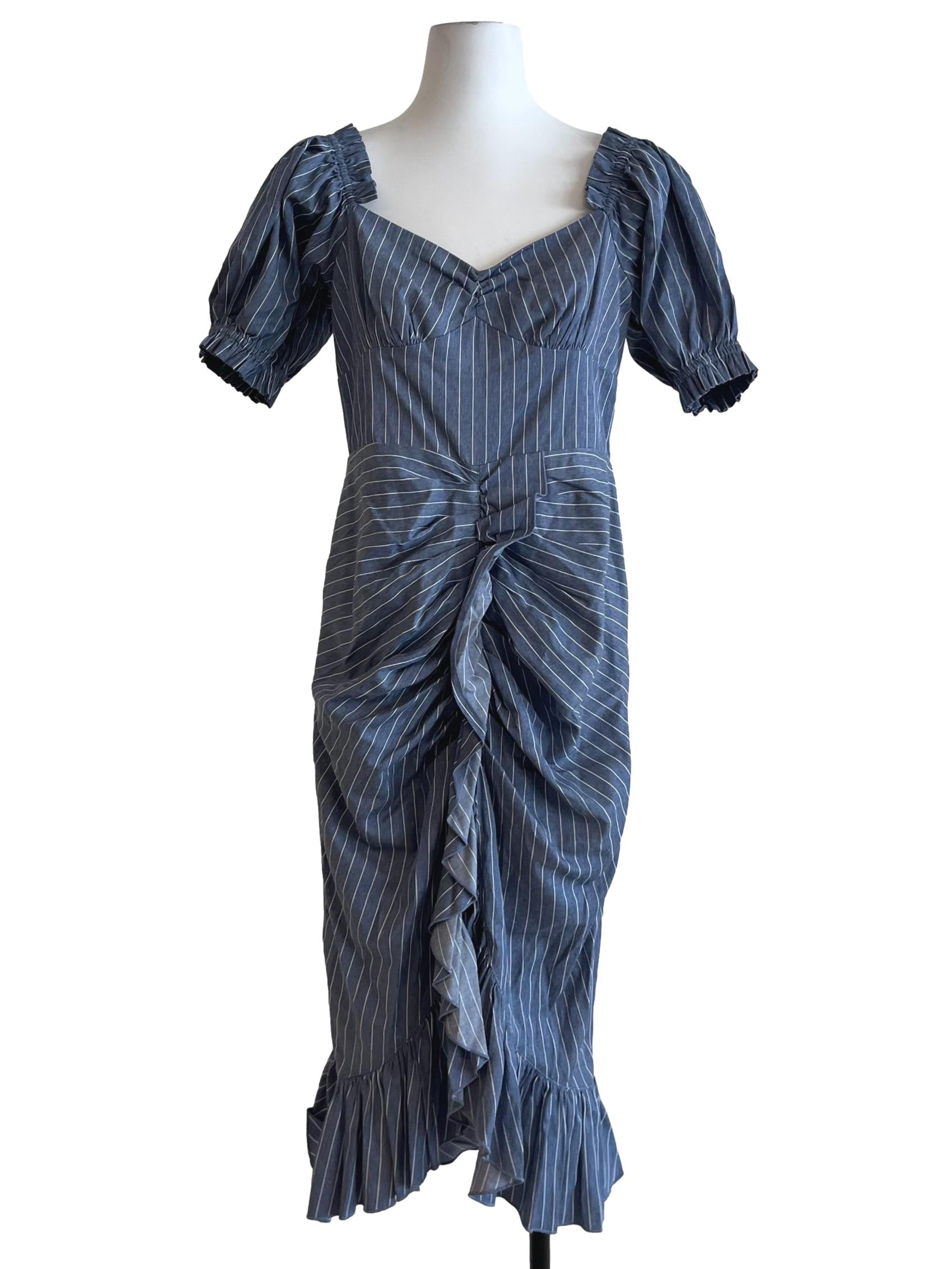 Blue Pencil Stripe Ruffle Dress