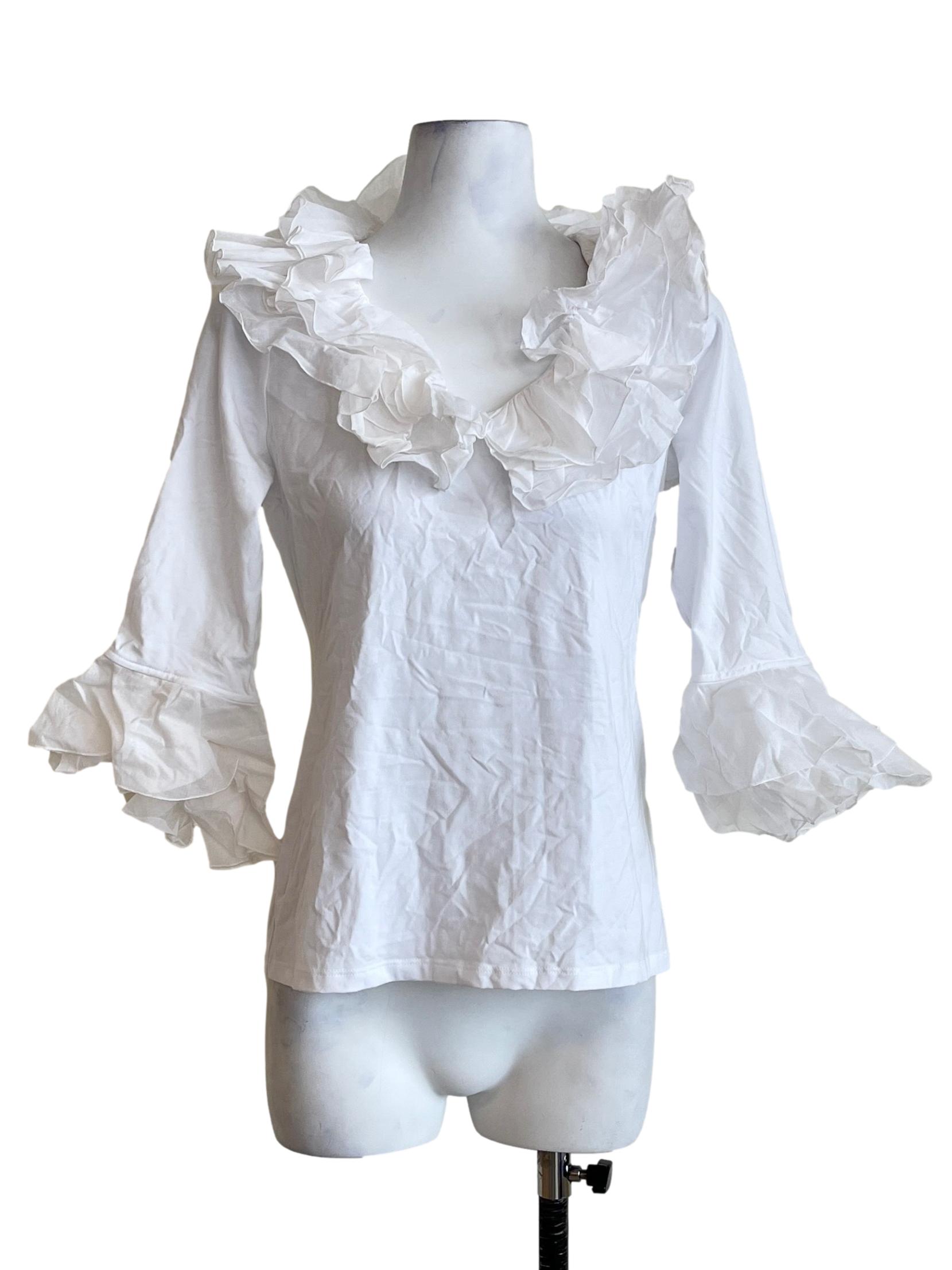 Off White Ruffle Neck Long Sleeve Top